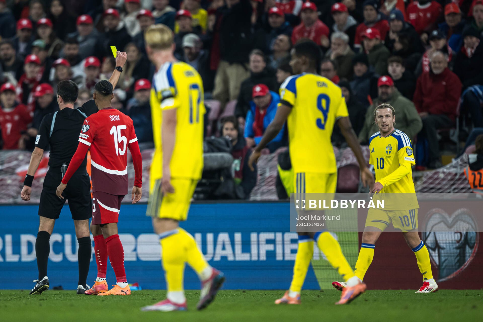 Emil Forsberg of Sweden receives a yellow card