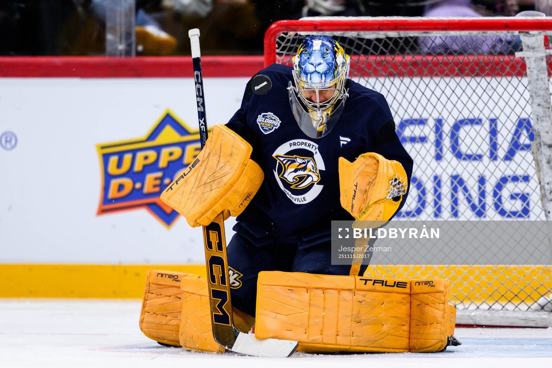 goaltender Juuse Saros at a practice session with Nashville