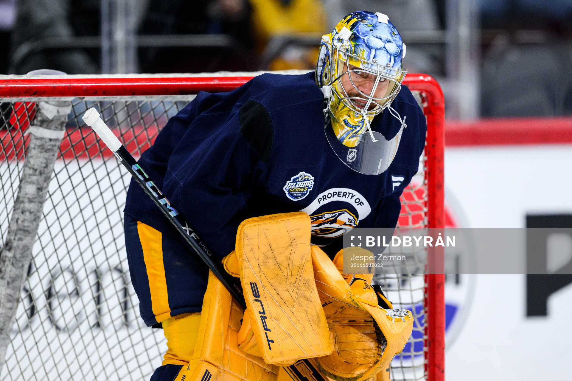 goaltender Justus Annunen at a practice session with