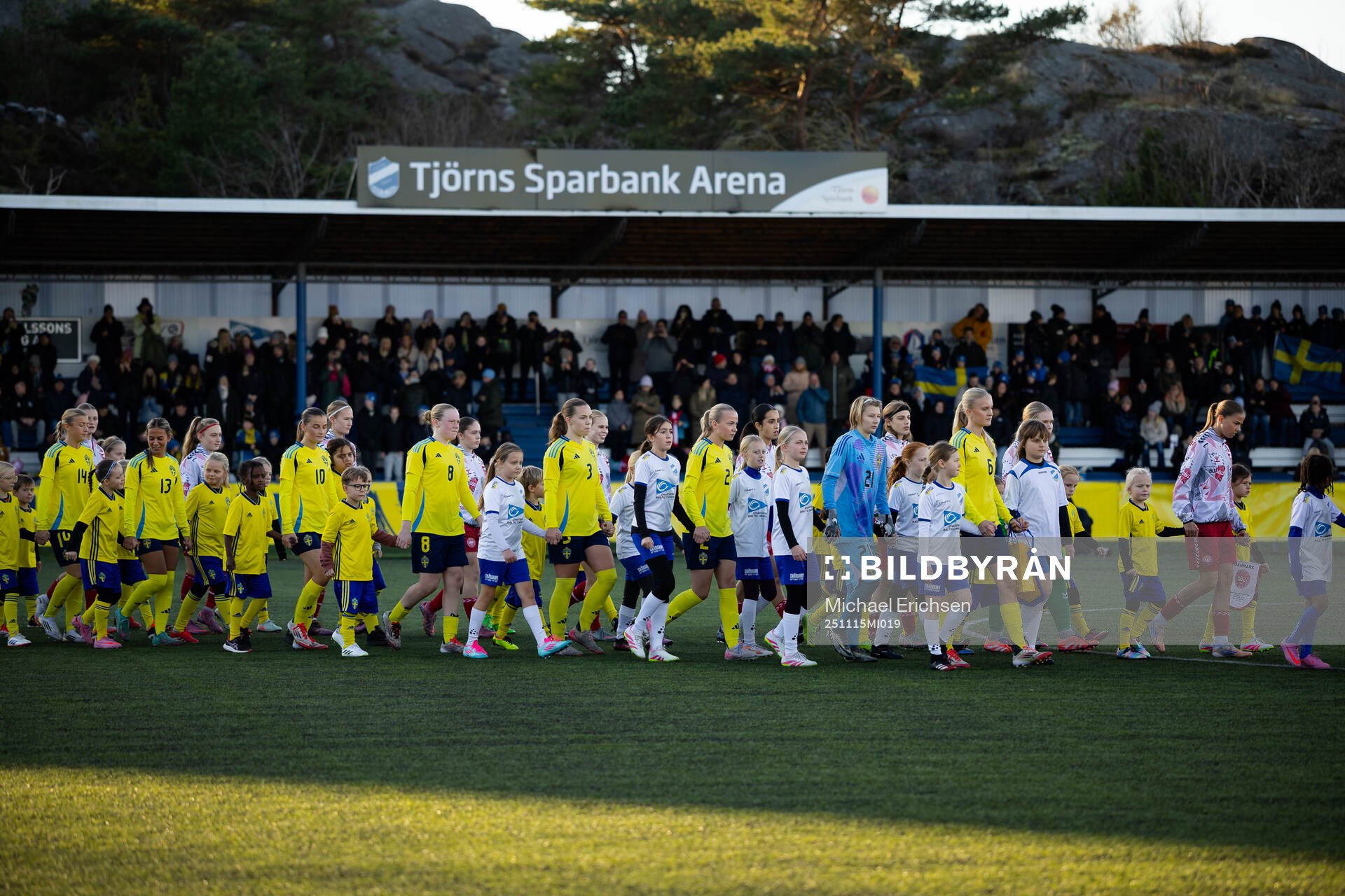 Sveriges och Danmarks spelare på väg in för line up