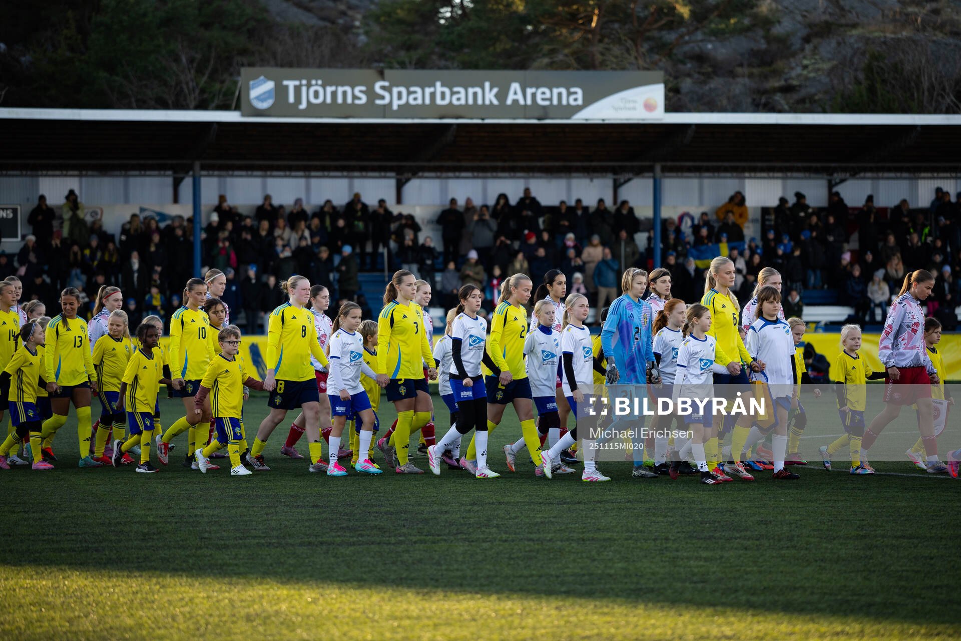 Sveriges och Danmarks spelare på väg in för line up