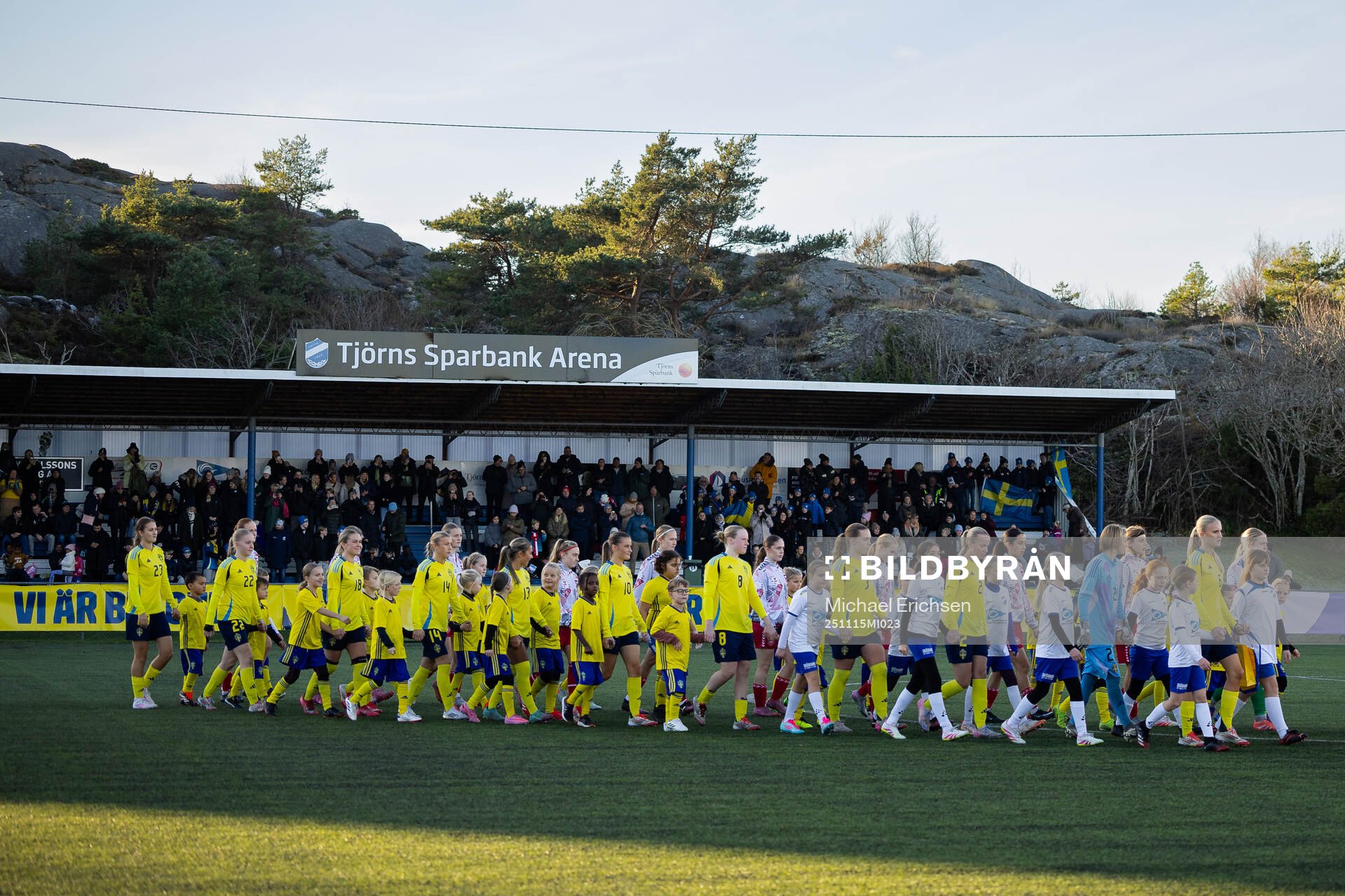 Sveriges och Danmarks spelare på väg in för line up