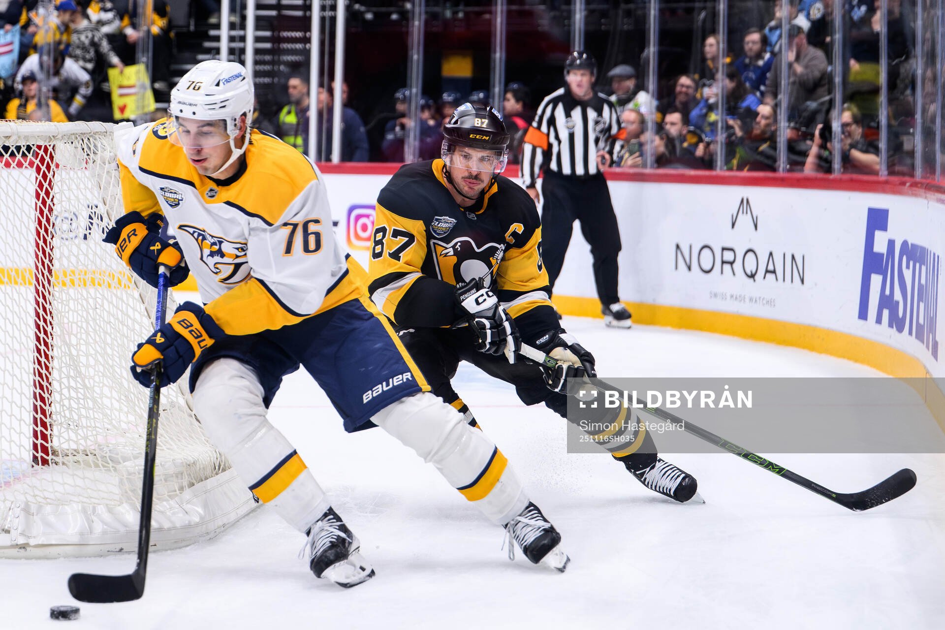 Brady Skjei of Nashville Predators and Sidney Crosby of
