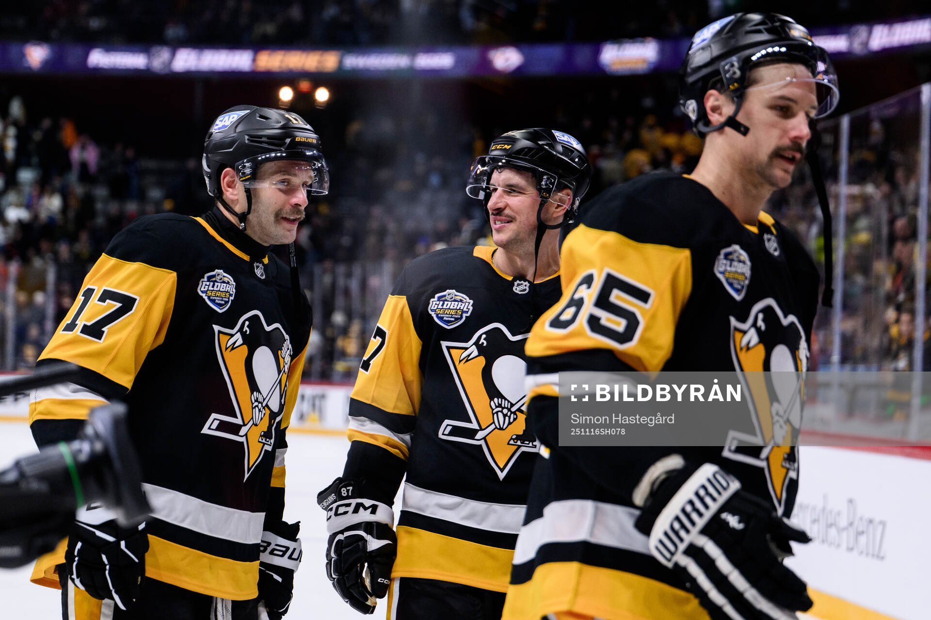Bryan Rust, Sidney Crosby and Erik Karlsson of Pittsburgh