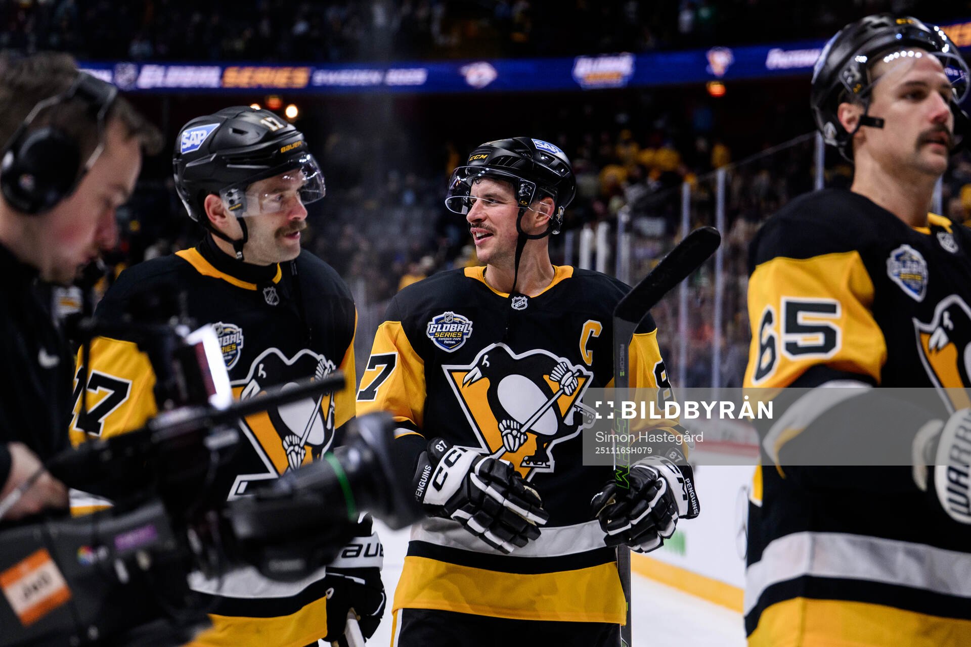 Bryan Rust, Sidney Crosby and Erik Karlsson of Pittsburgh
