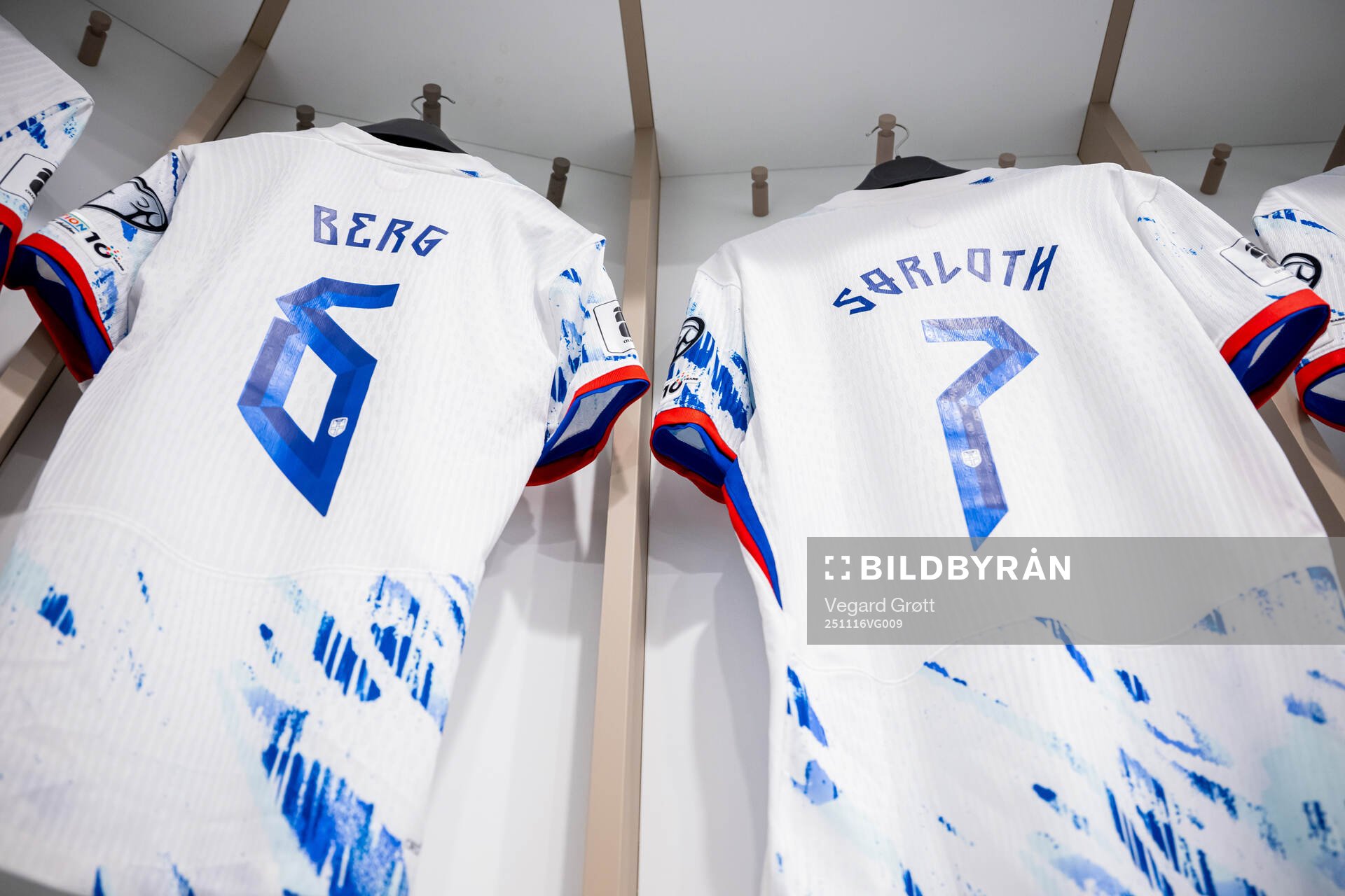 The kits of Patrick Berg and Alexander Sørloth of Norway