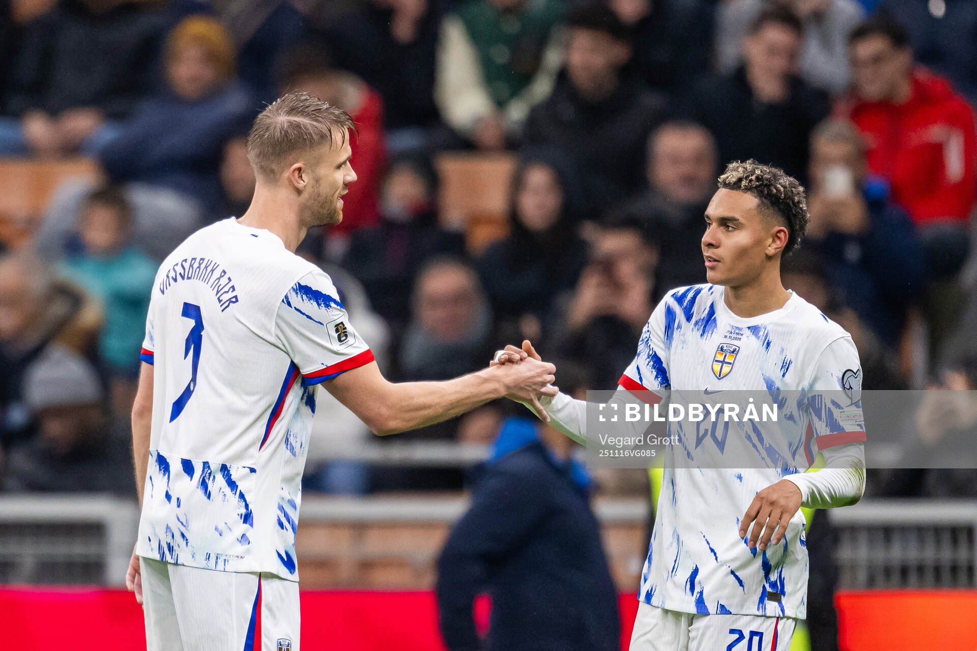 Kristoffer Ajer and Antonio Nusa of Norway celebrate