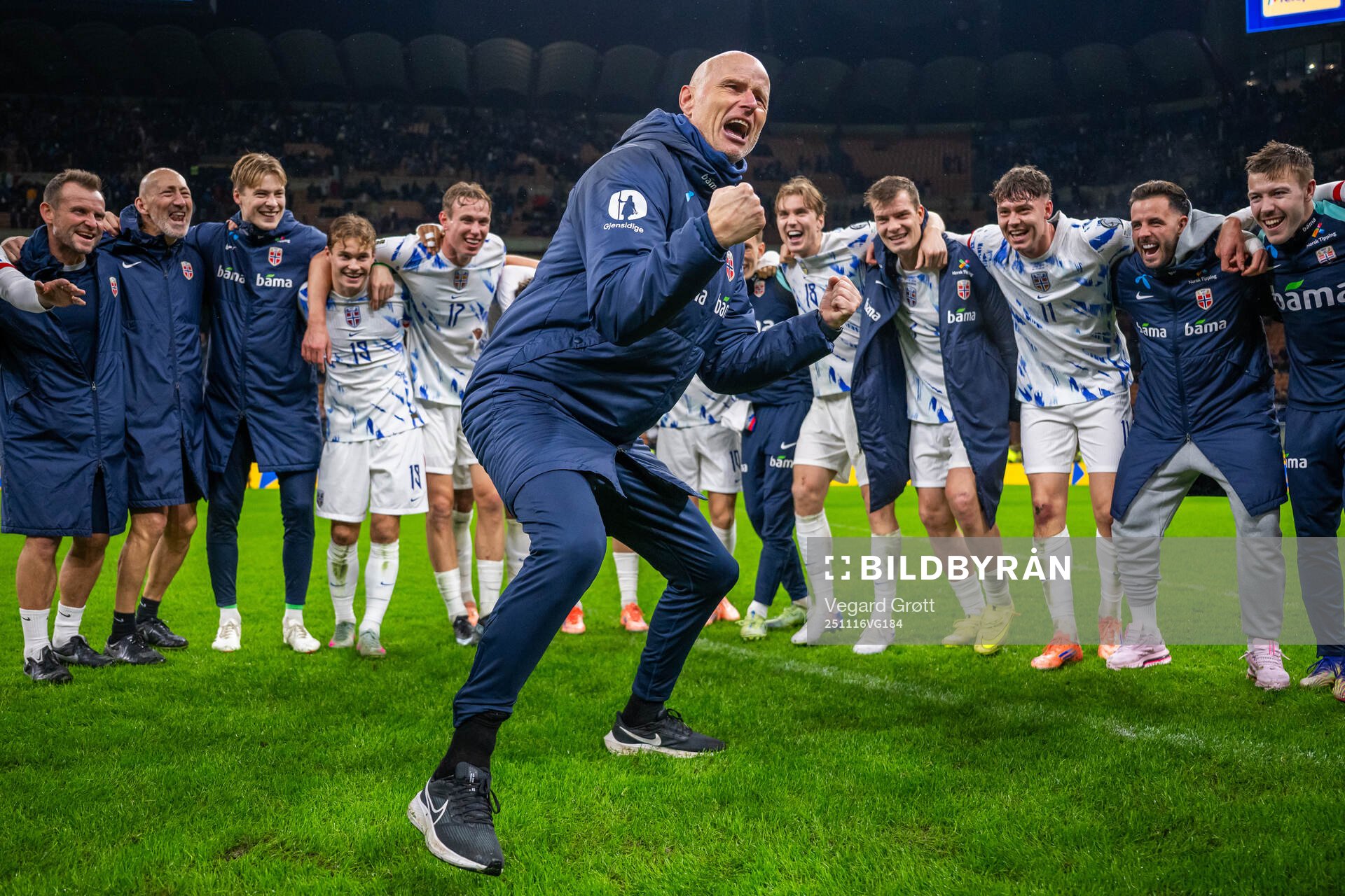 Ståle Solbakken, head coach of Norway, celebrates with