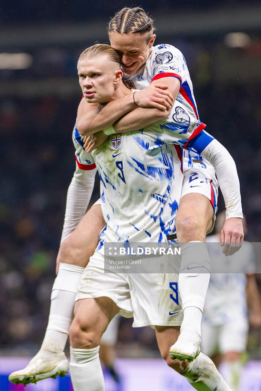 Erling Braut Haaland of Norway celebrates with teammate