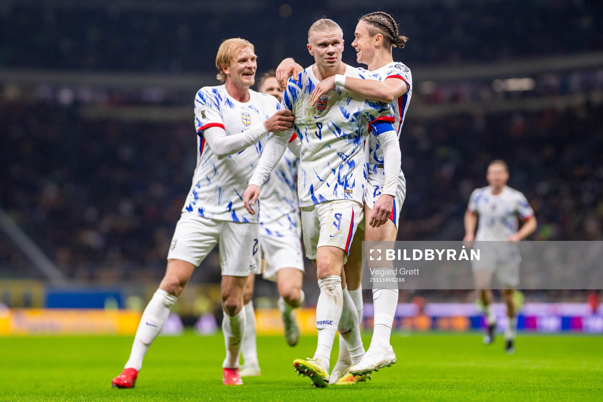 Erling Braut Haaland of Norway celebrates with teammates