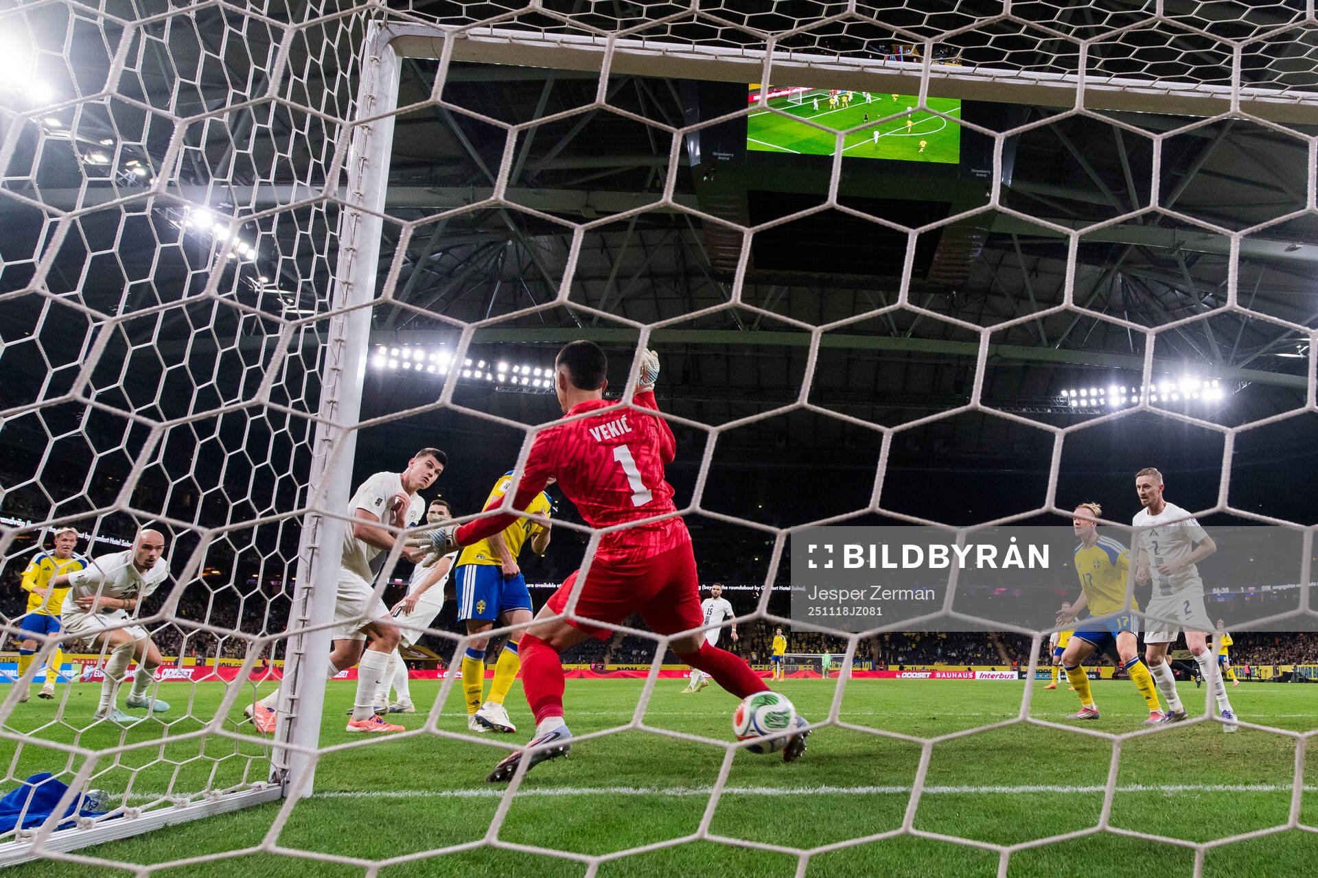 goalkeeper Igor Vekic of Slovenia lets in 1-1 by Gustav