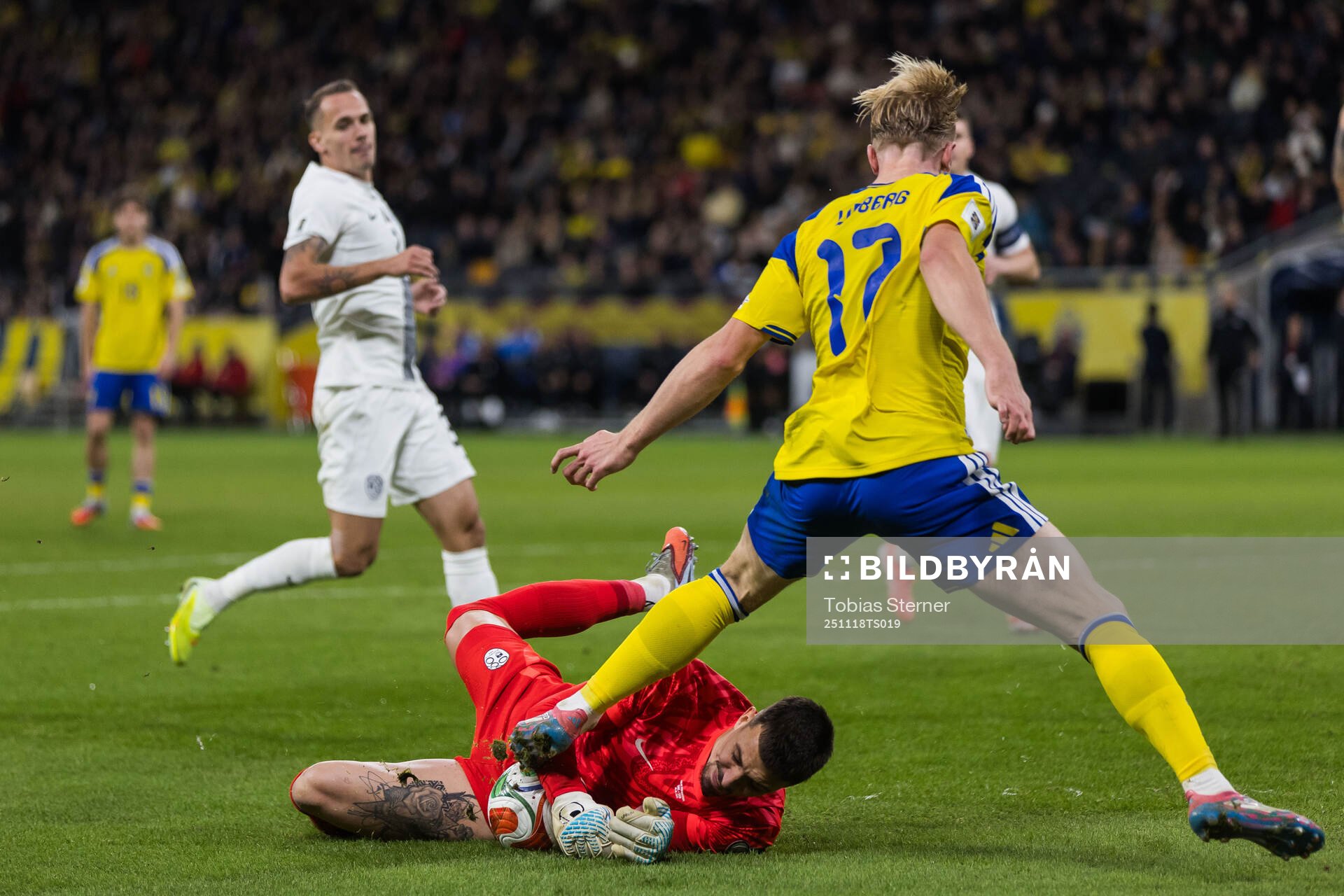 Goalkeeper Igor Vekic of Slovenia and Isac Lidberg of Sweden