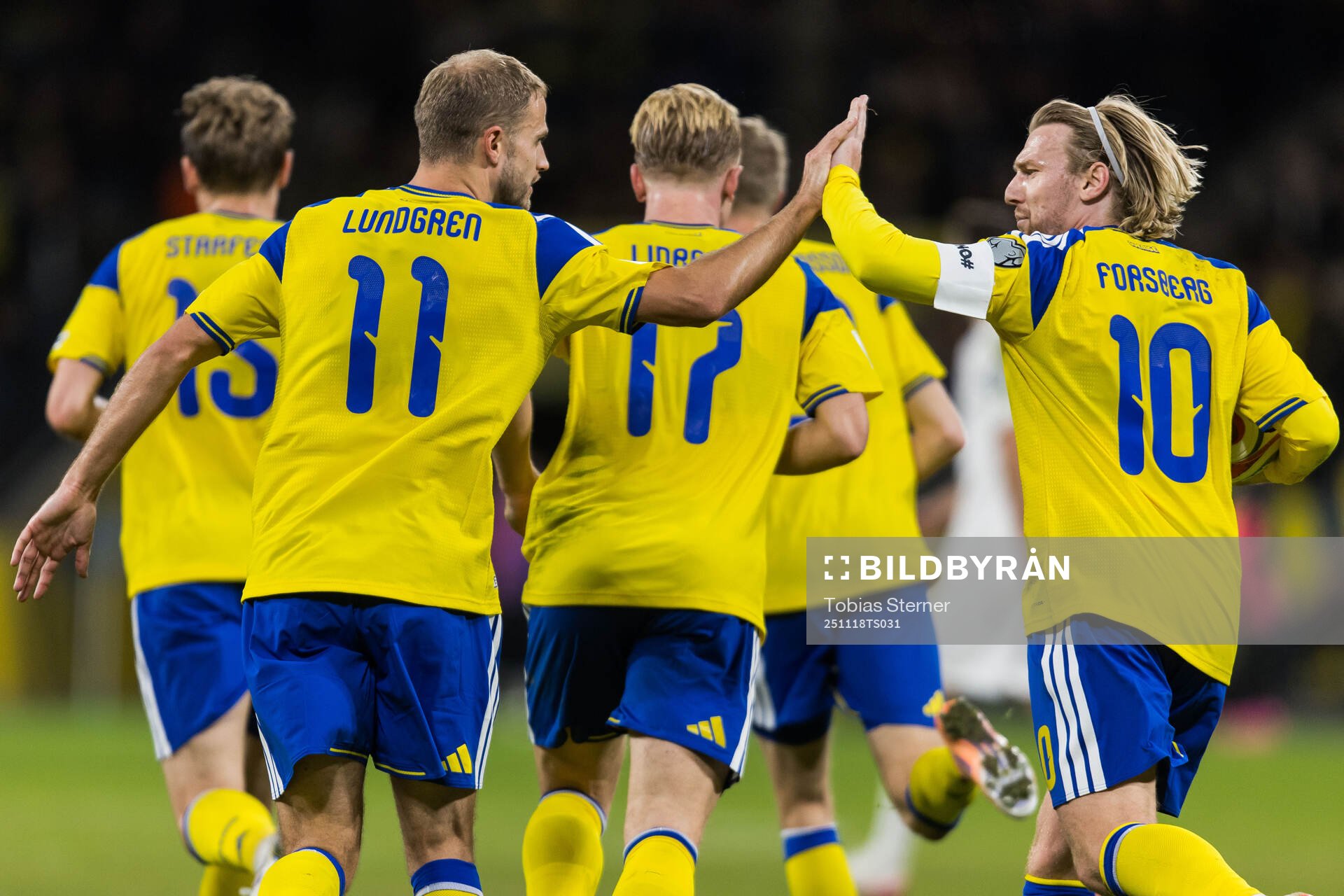 Gustav Lundgren of Sweden celebrates with Emil Forsberg