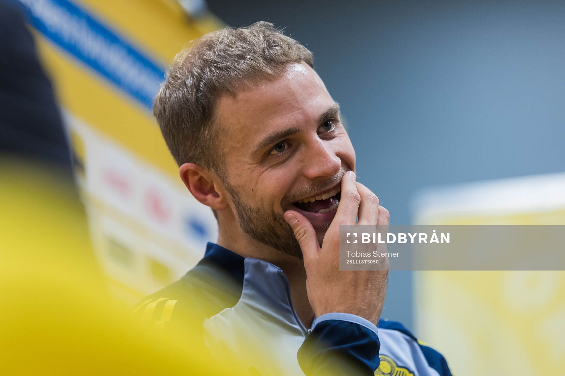 Gustav Lundgren of Sweden in mixed zone