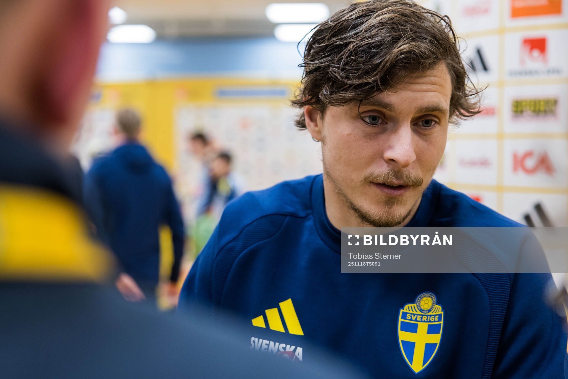 Victor Nilsson Lindelöf of Sweden in mixed zone