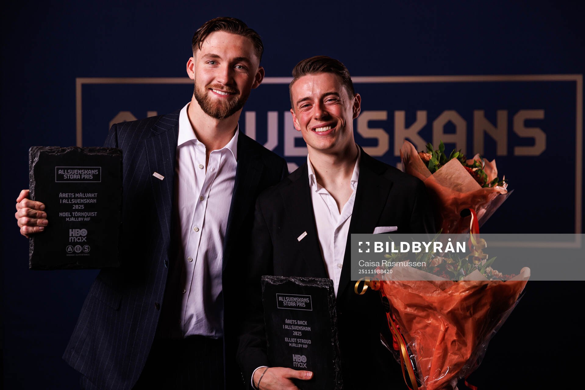 Mjällbys målvakt Noel Törnqvist och Elliot Stroud