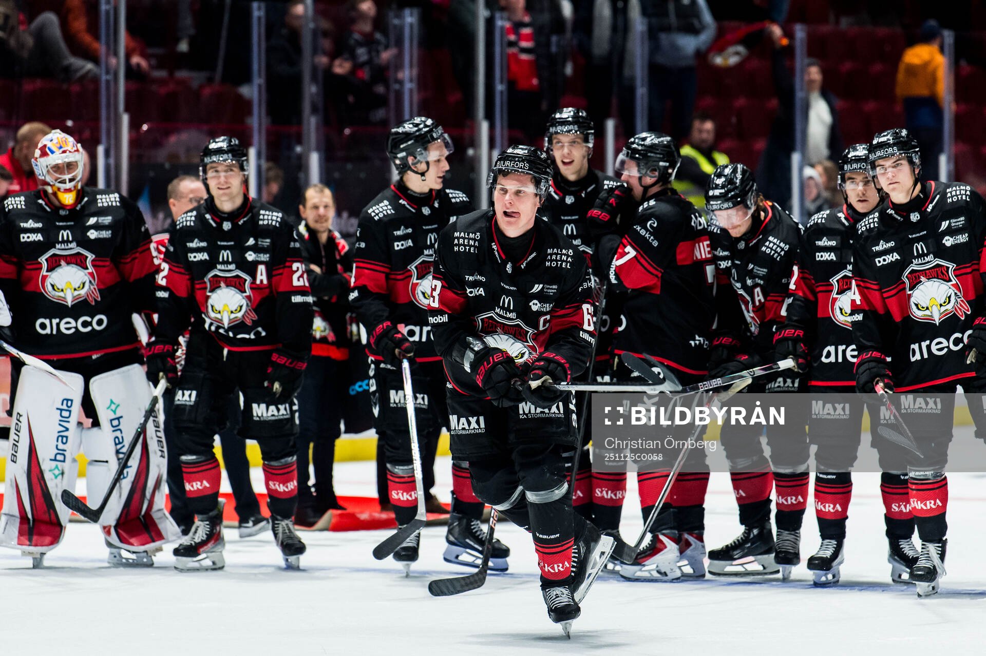 Malmö Redhawks Fredrik Händemark och spelare jublar