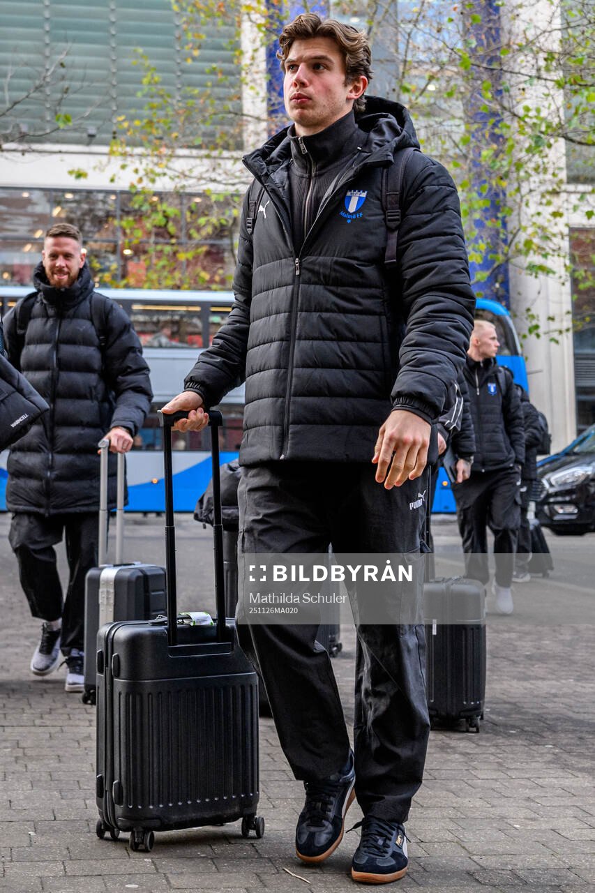 Goalkeeper Melker Ellborg of Malmö FF arrives at the hotel