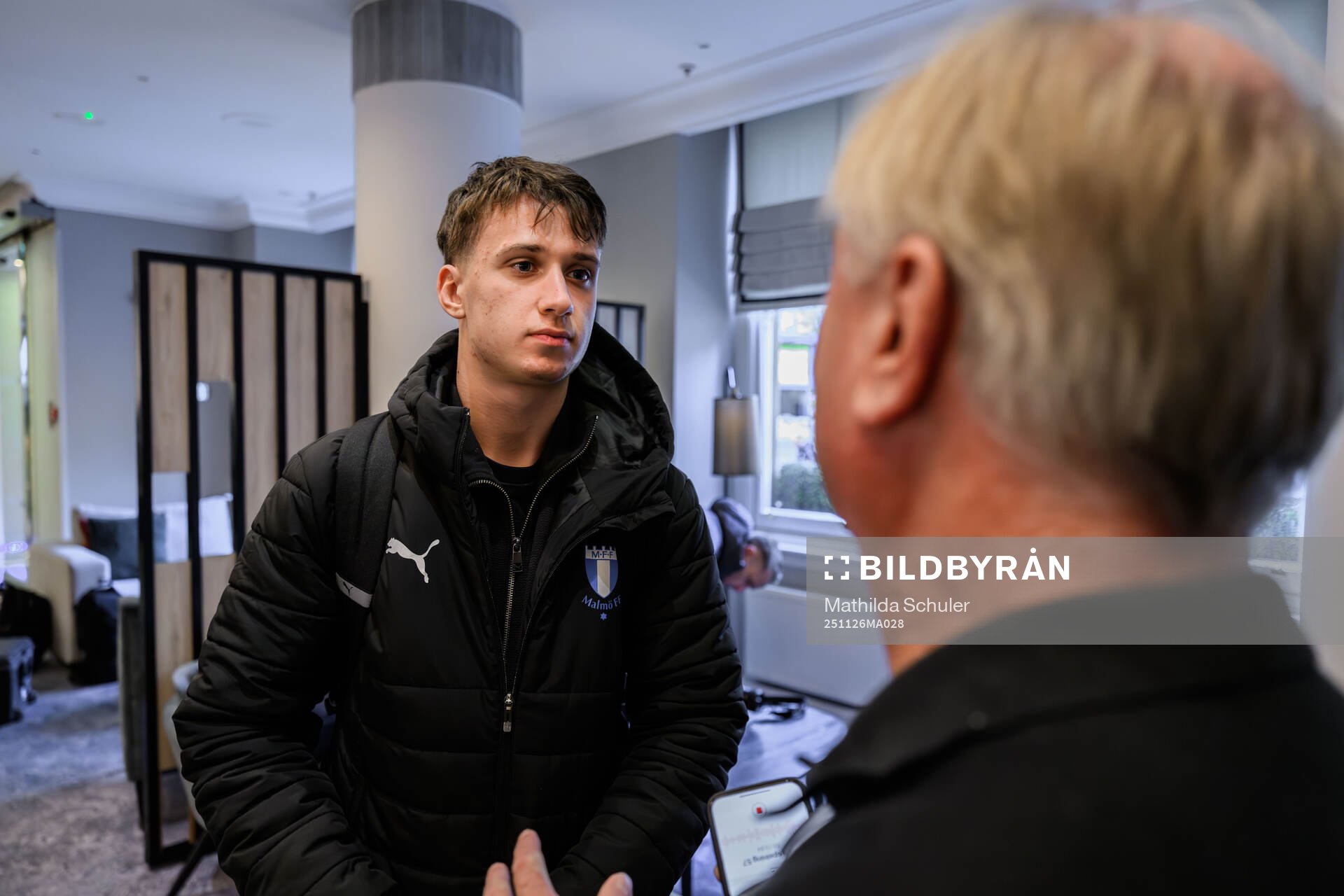 Kenan Busuladzic of Malmö FF is interviewed at the hotel