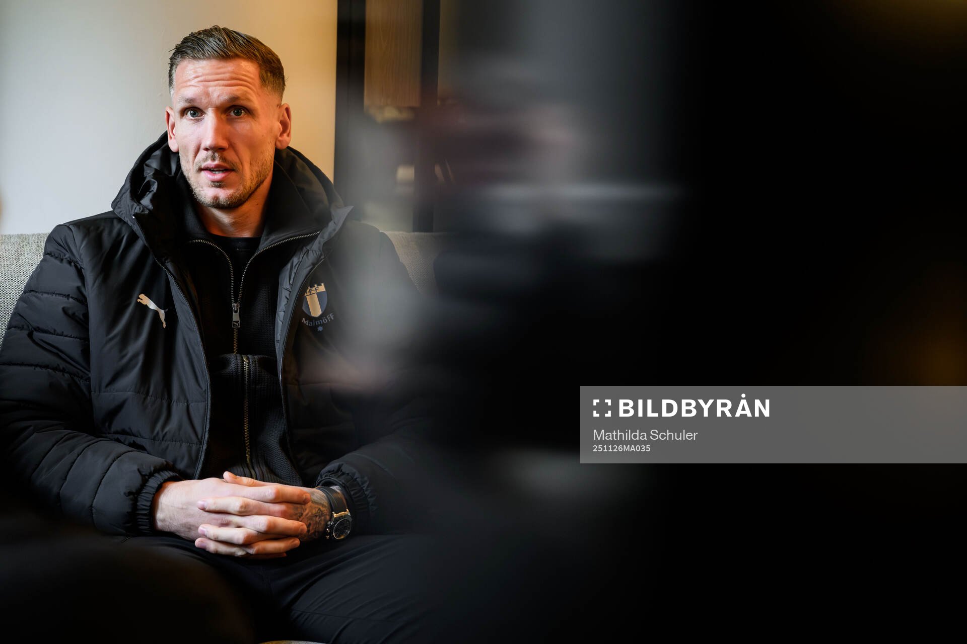 Goalkeeper Robin Olsen  of Malmö FF is interviewed at the
