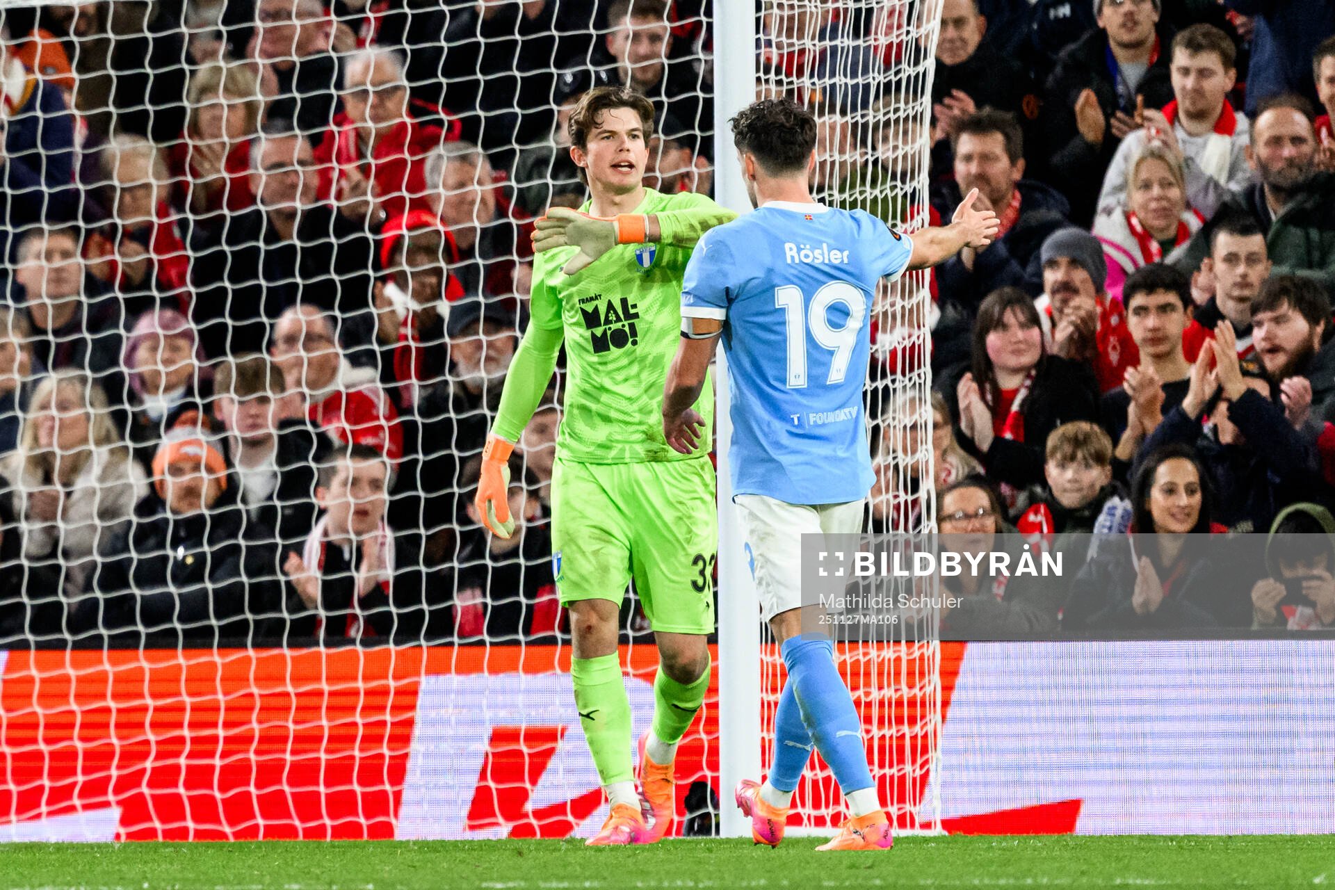 Goalkeeper Melker Ellborg and Colin Rösler of Malmö FF