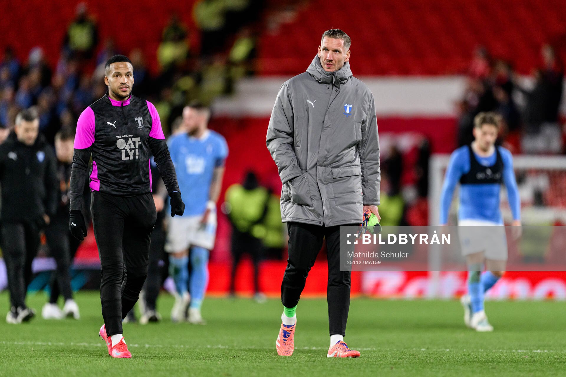 Martin Olsson and goalkeeper Johan Dahlin of Malmö FF look