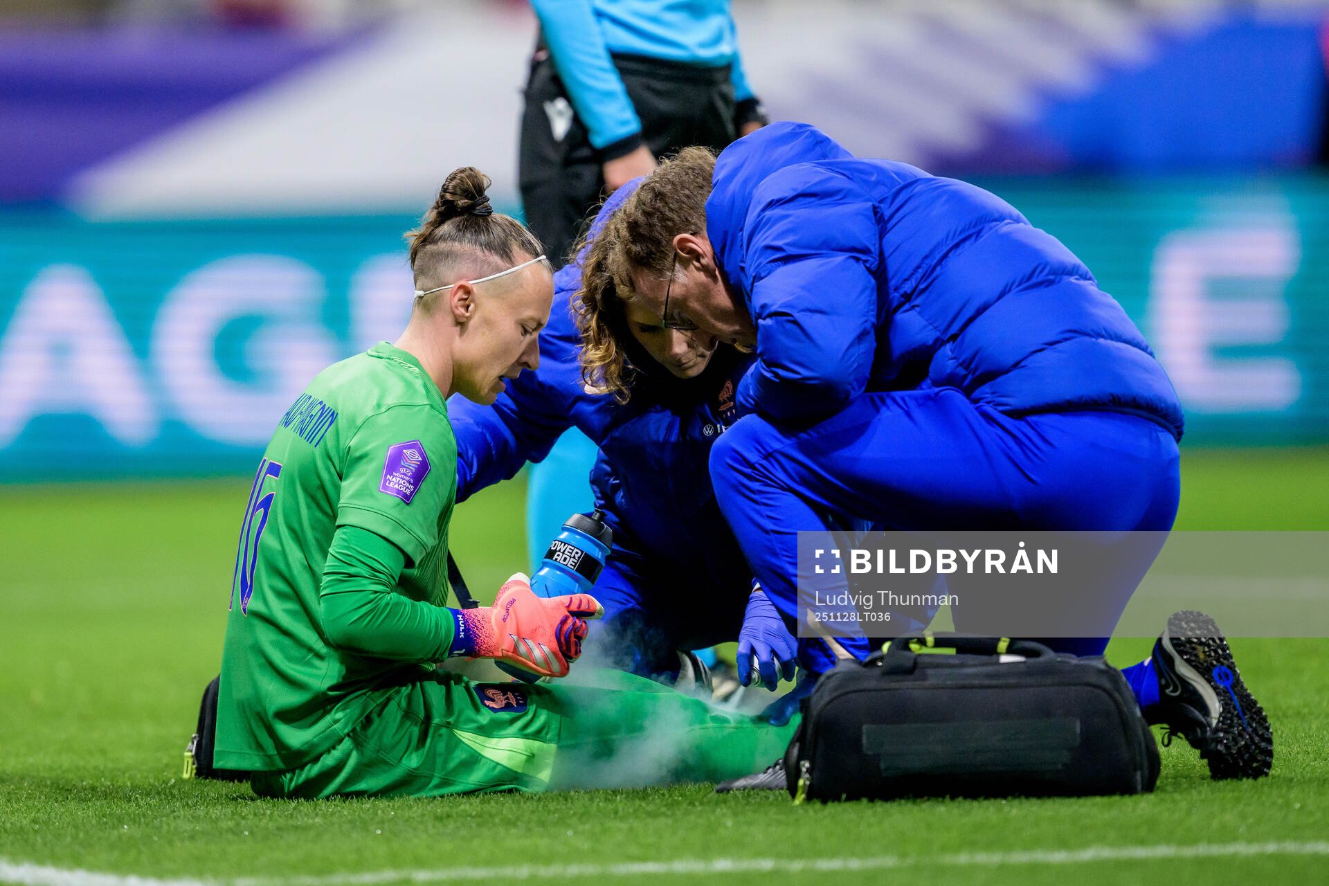 Goalkeeper Pauline Peyraud Magnin of France receives