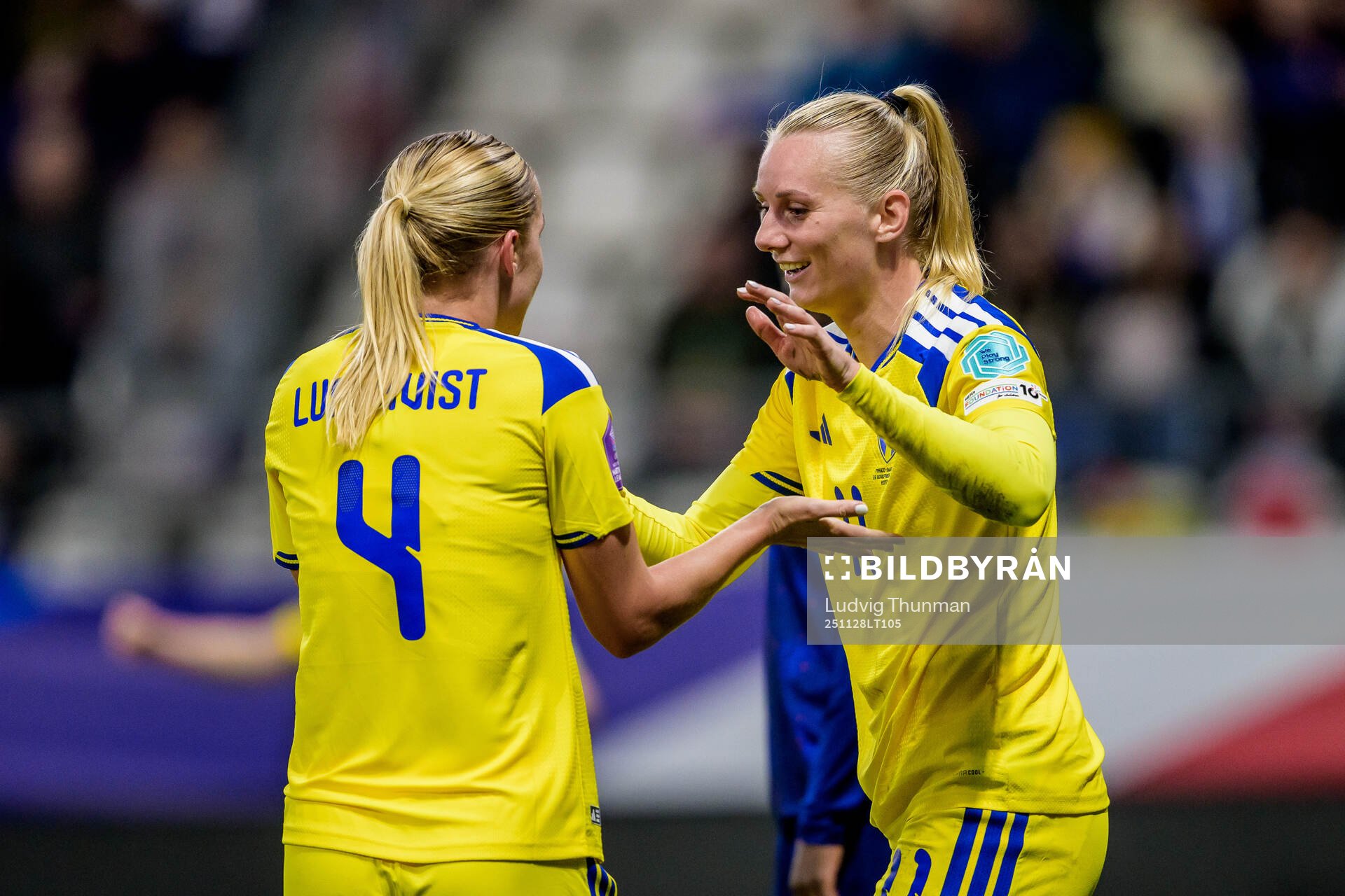 Hanna Lundkvist and Stina Blackstenius of Sweden celebrate