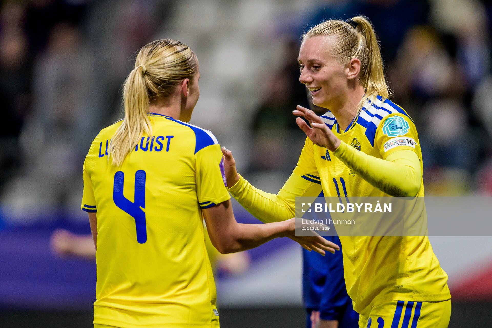 Hanna Lundkvist and Stina Blackstenius of Sweden celebrate