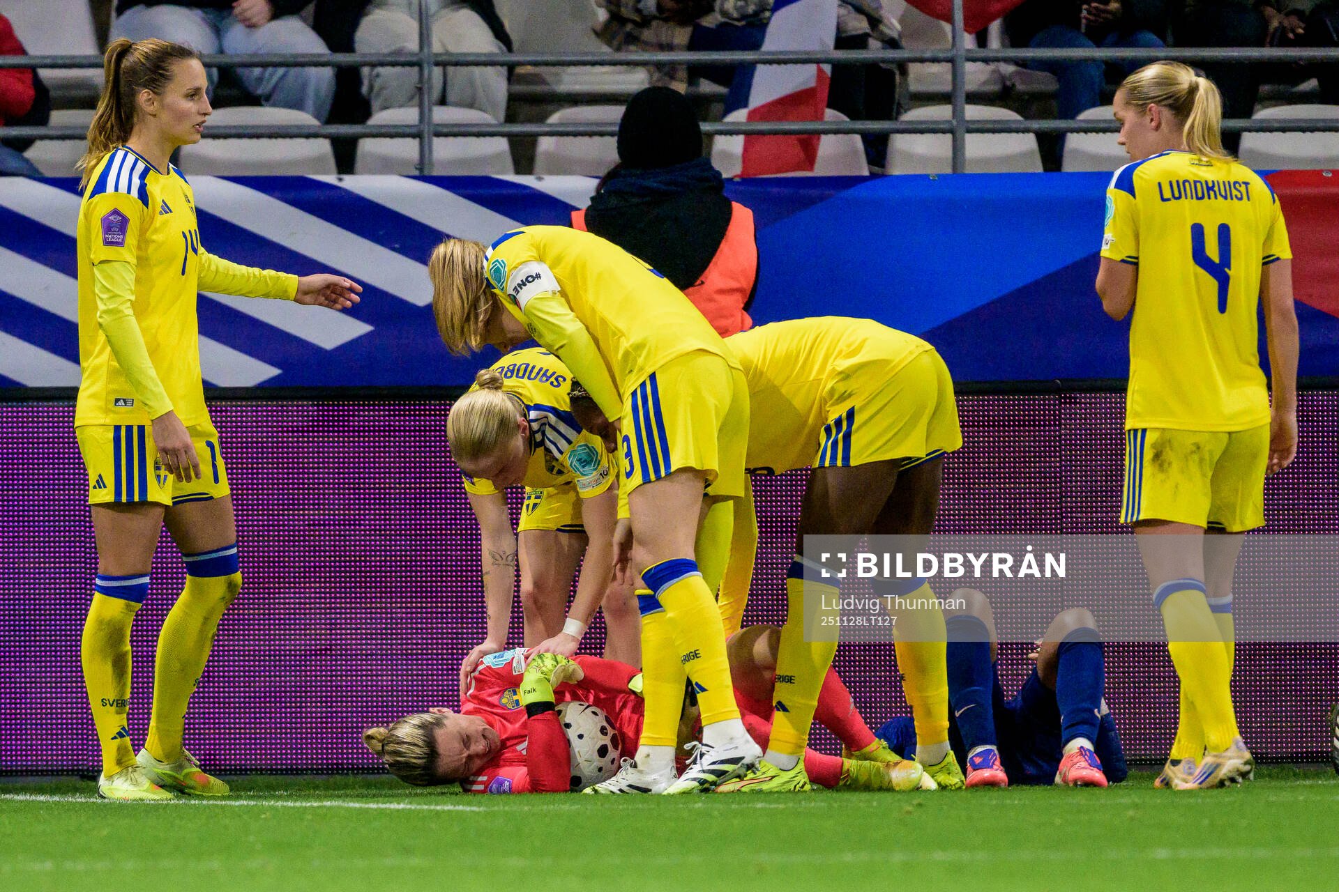 Goalkeeper Jennifer Falk of Sweden in pain