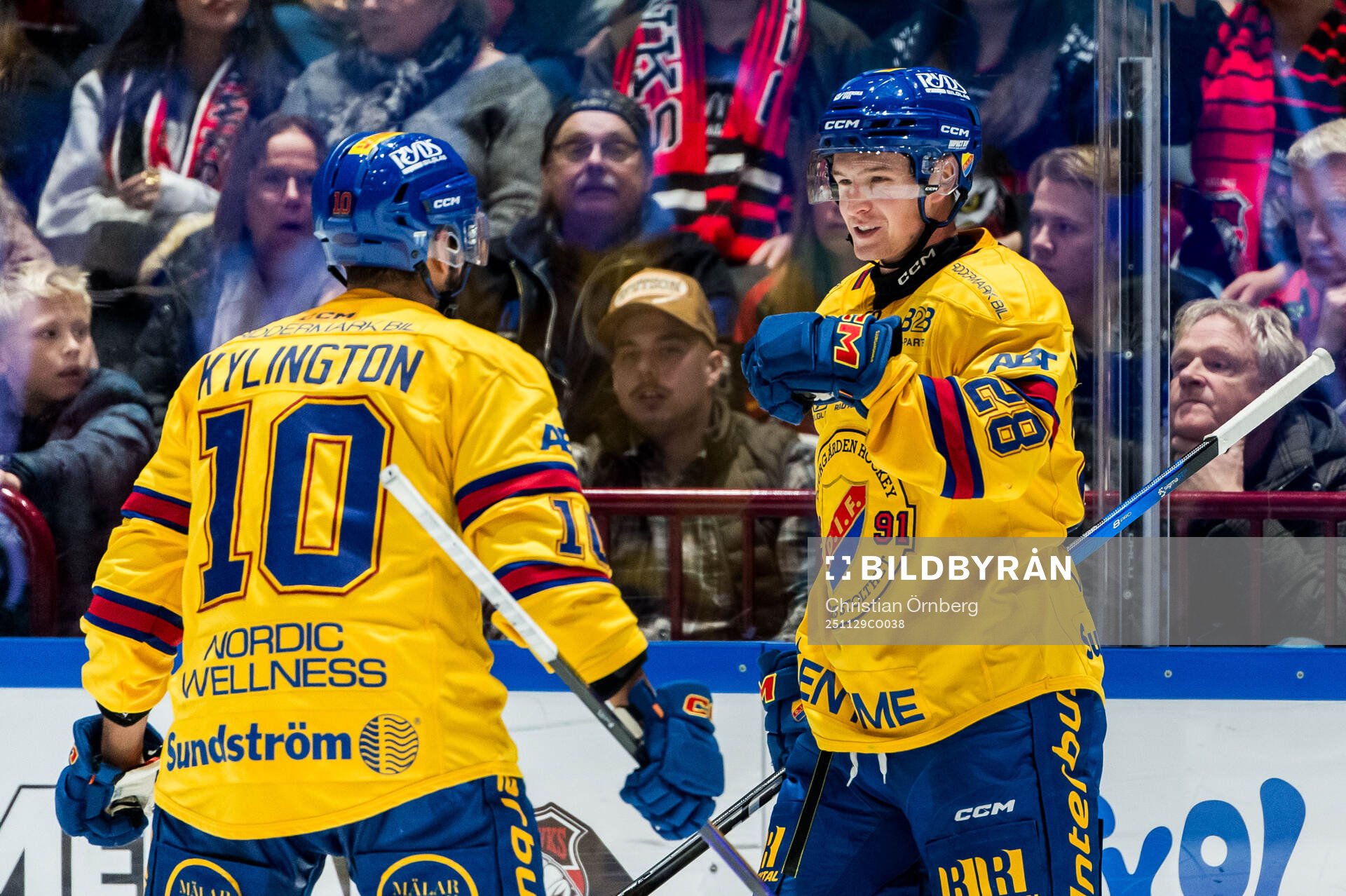 Djurgårdens Oliver Kylington och Gustav Lindström jublar