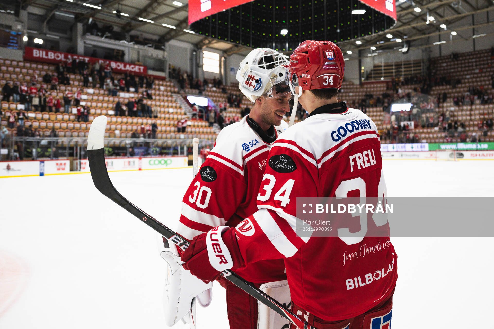 Timrås målvakt Jacob Johansson och Alfons Freij jublar