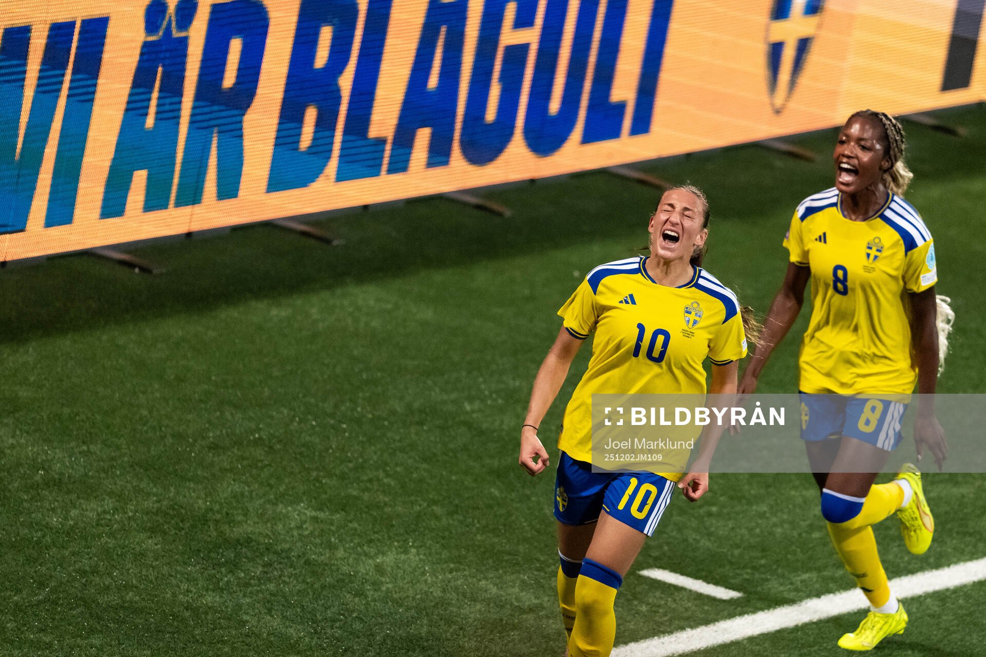 Rosa Kafaji and Evelyn Ijeh of Sweden celebrate the 2-1 goal