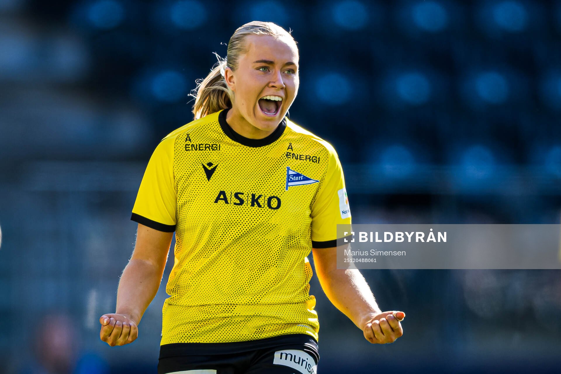June Kvamsø of Start celebrates after scoring the 1-0 goal on a penalty kick during the 1. division football match between Start and Haugesund on April 12, 2025 in Kristiansand.