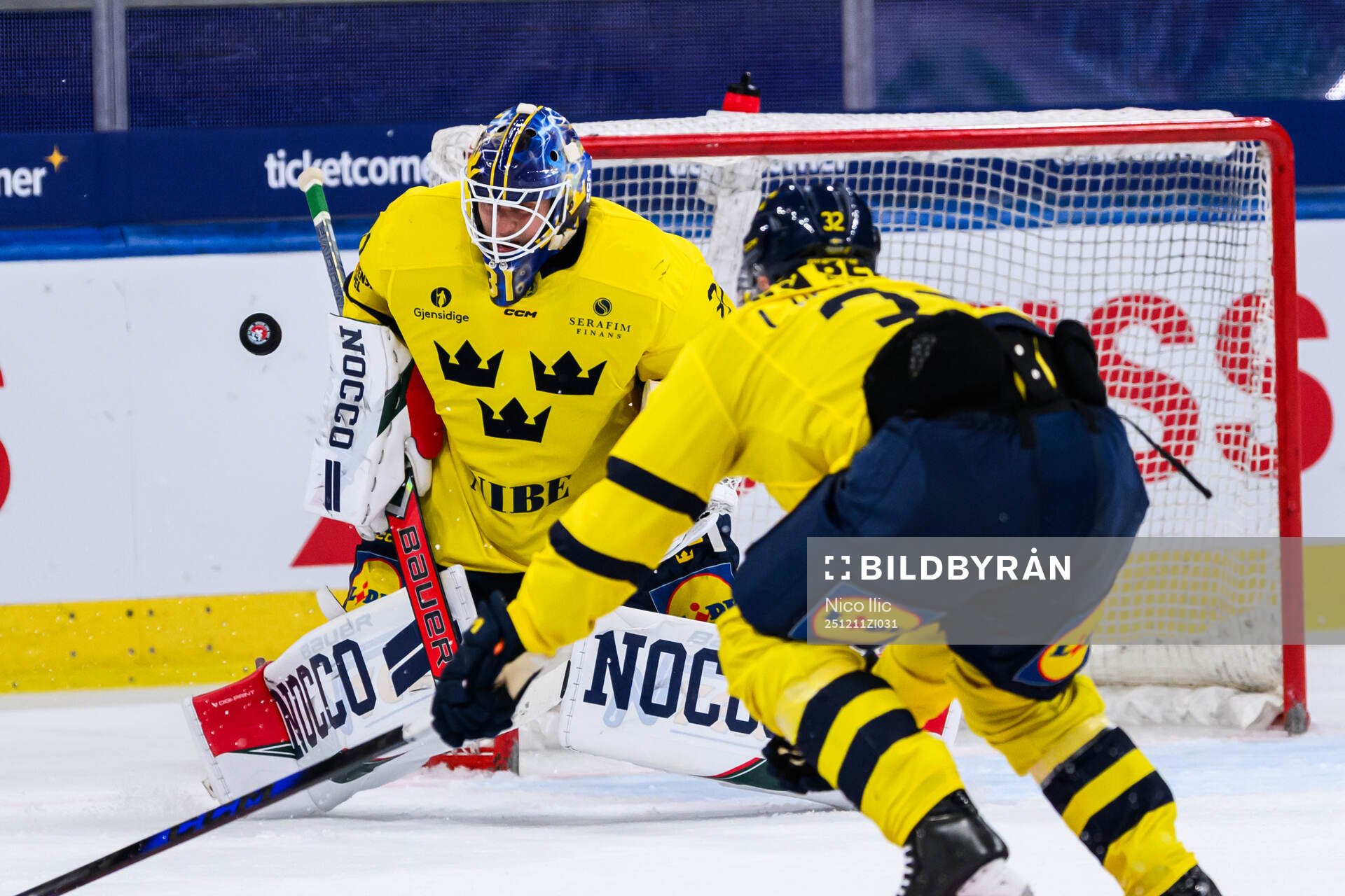 Goalkeeper Lars Johansson of Sweden in the ice hockey game