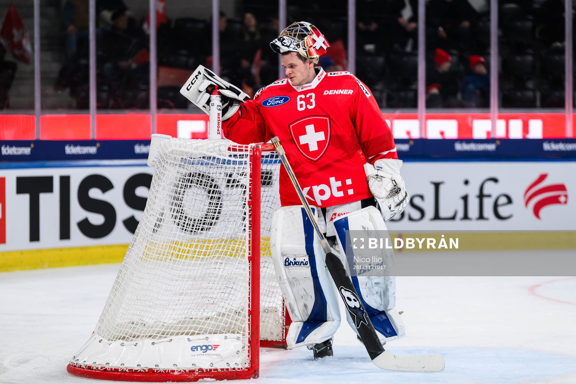 Goalkeeper Leonardo Genoni of Switzerland in the ice hockey