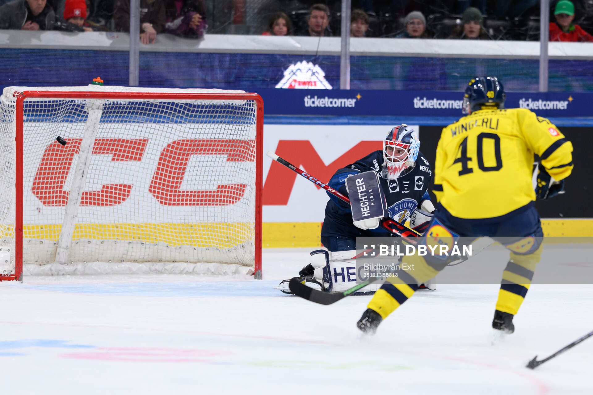 Lukas Bengtsson of Sweden scores the 1-2 goal in the ice
