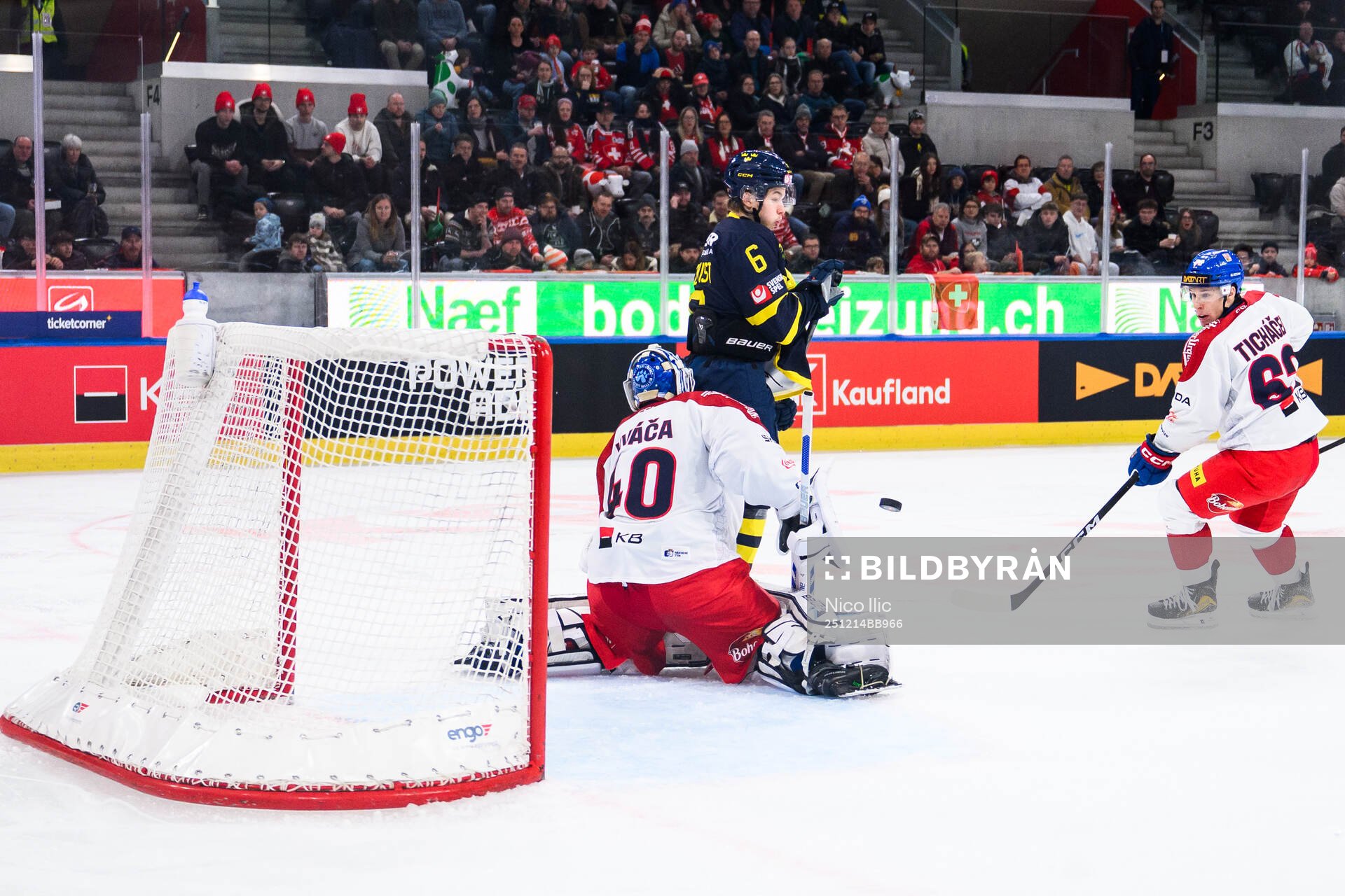 Isac Hedqvist of Sweden and Goaltender Petr Kvaca of Czech