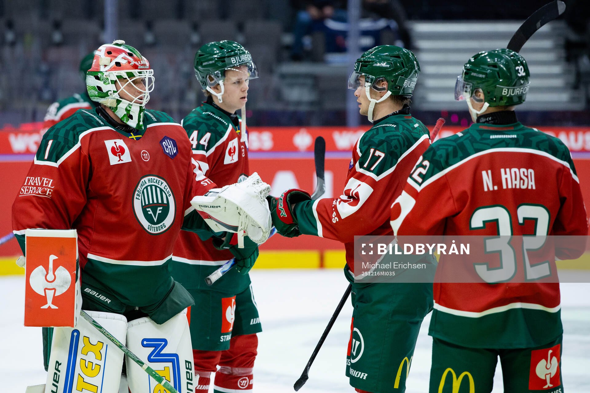 Goaltender Lars Johansson of Frölunda celebrates with team