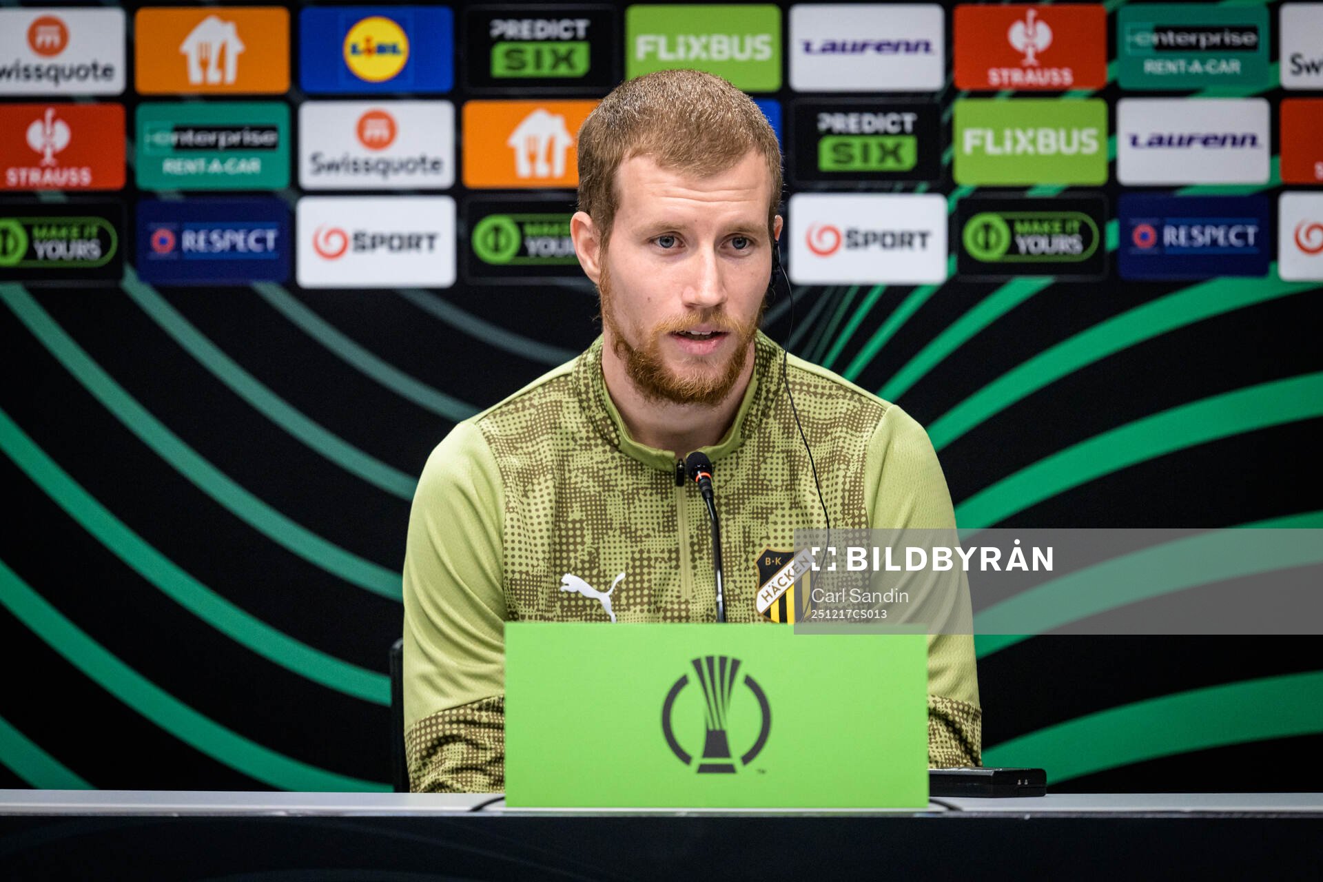 Simon Gustafson of Häcken at a press conference with