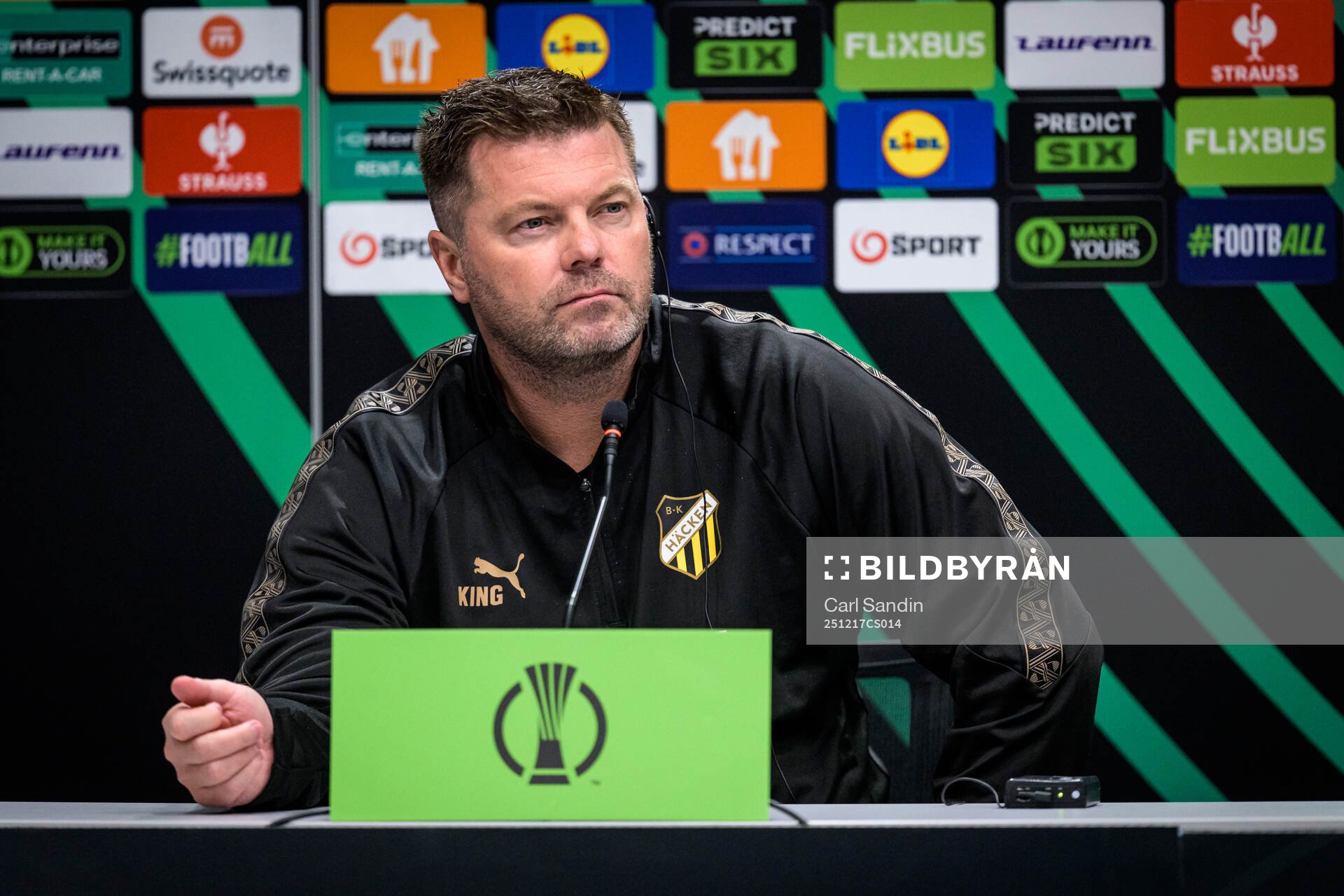 coach Jens Gustafsson of Häcken at a press conference with