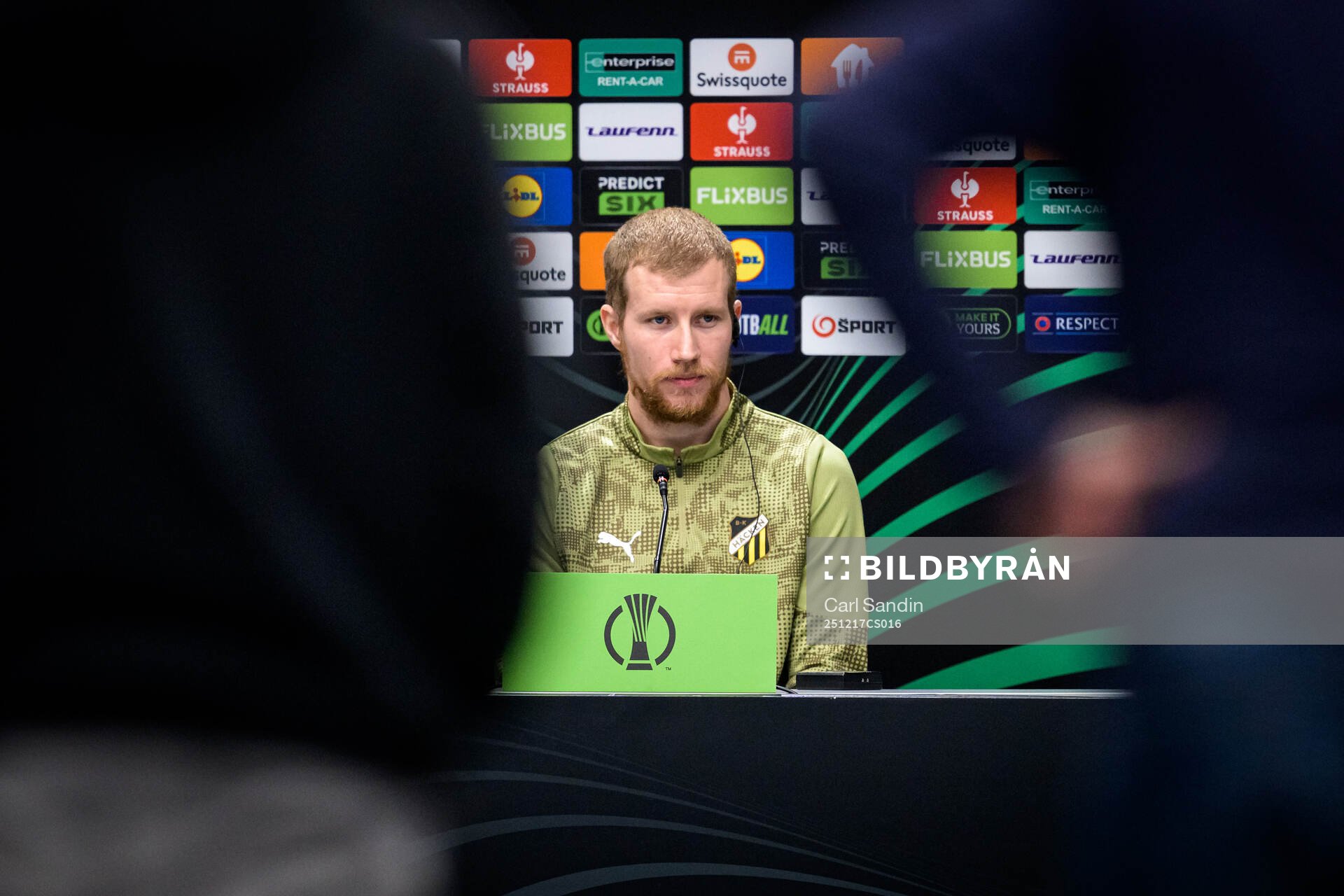 Simon Gustafson of Häcken at a press conference with