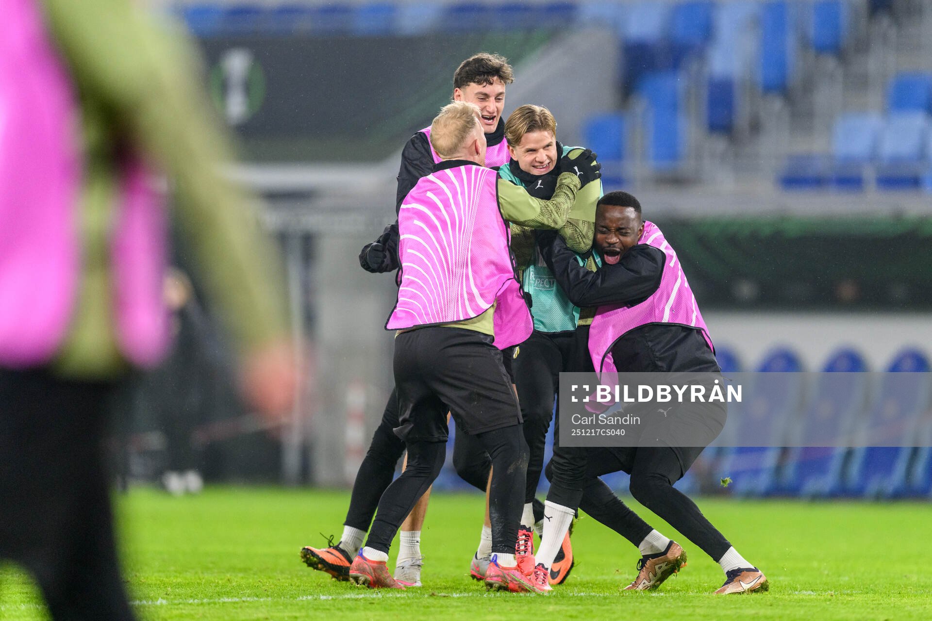 Silas Andersen, Ben Engdahl and Brice Wembangomo celebrate