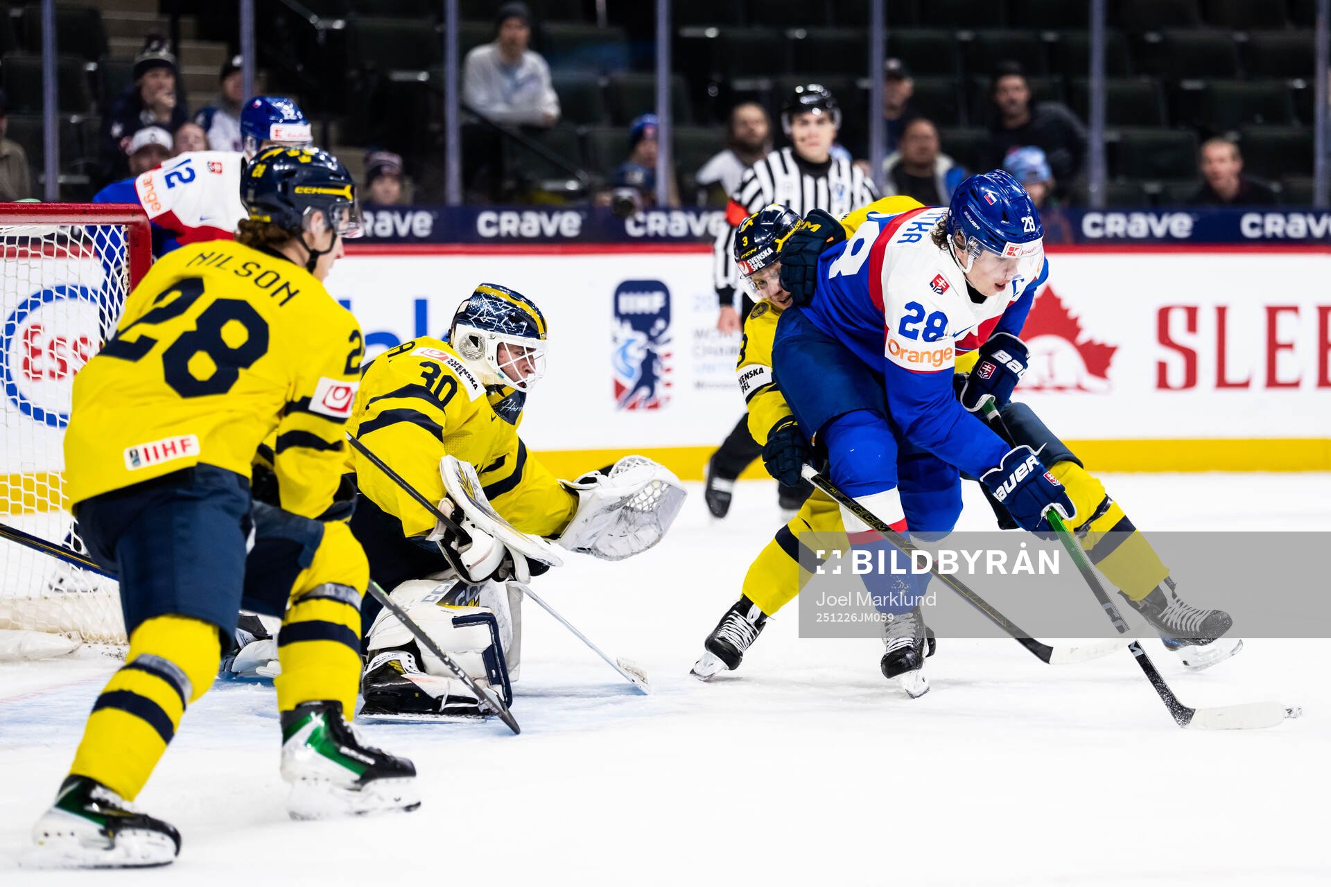 Eric Nilson, goaltender Love Härenstam and Felix Öhrqvist