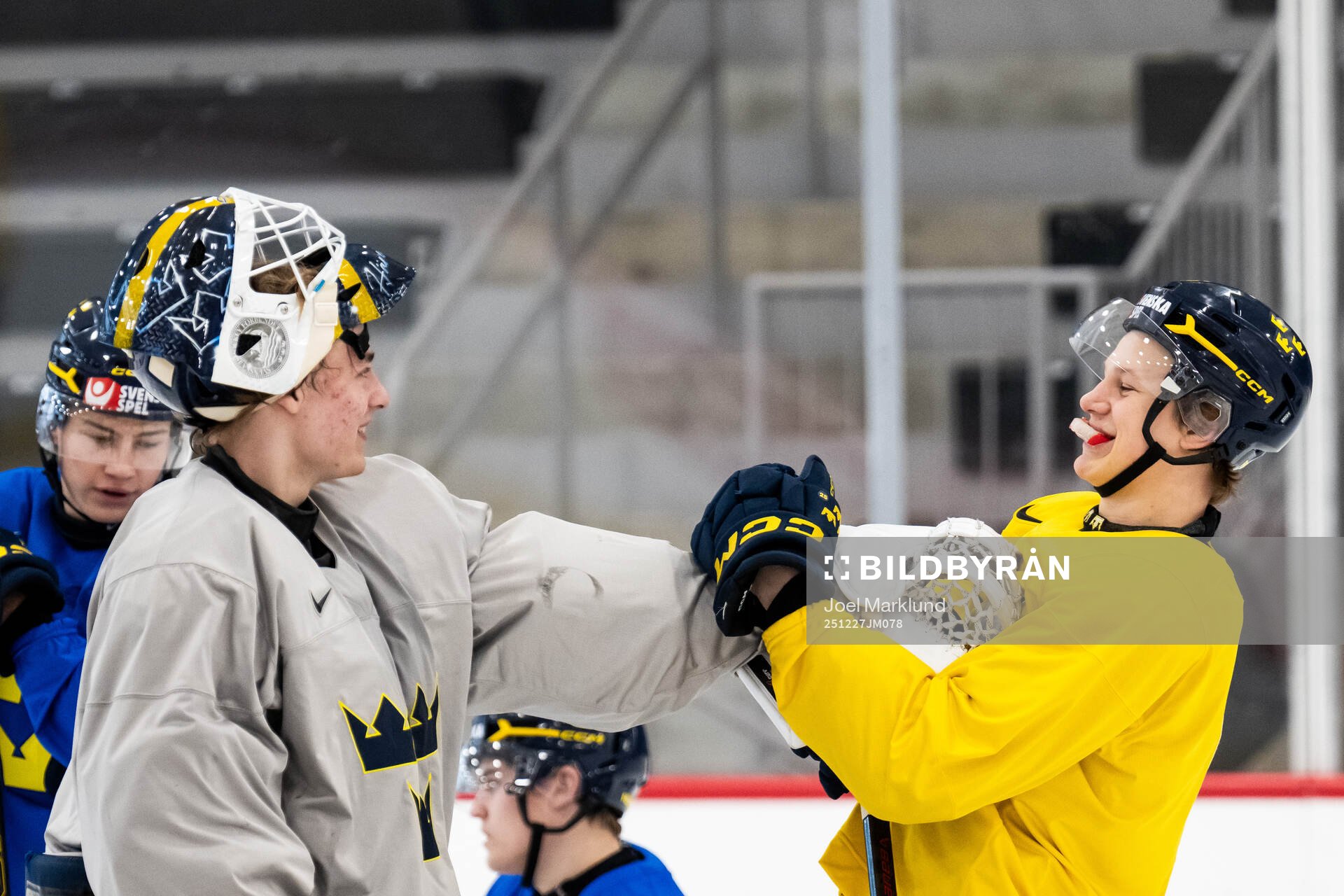 Goaltender Love Härenstam and Eddie Genborg of Sweden at a