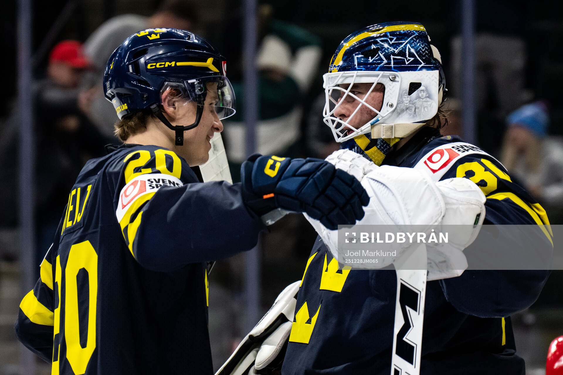 Alfons Freij and goaltender Love Härenstam of Sweden