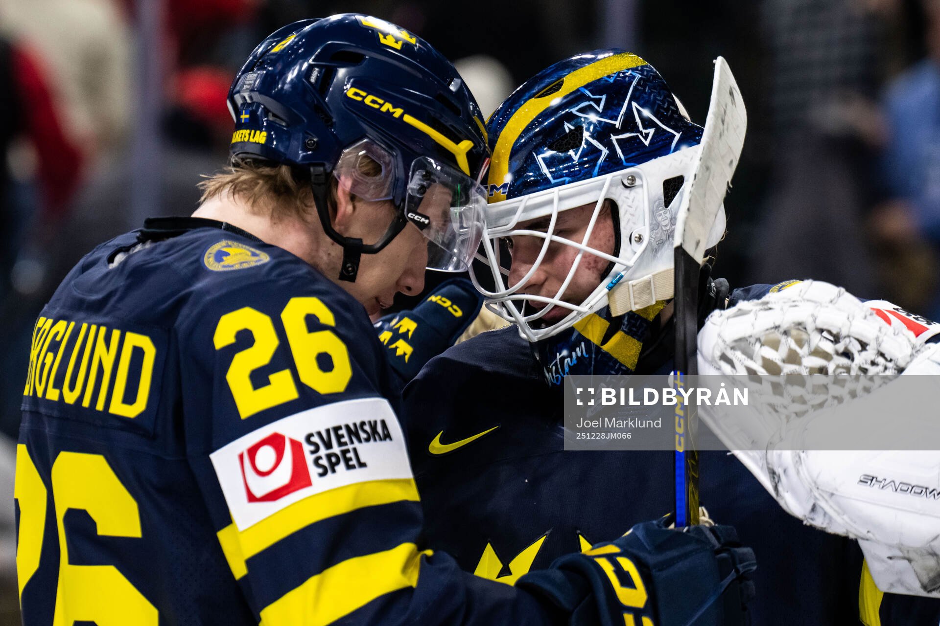 Jack Berglund and goaltender Love Härenstam of Sweden