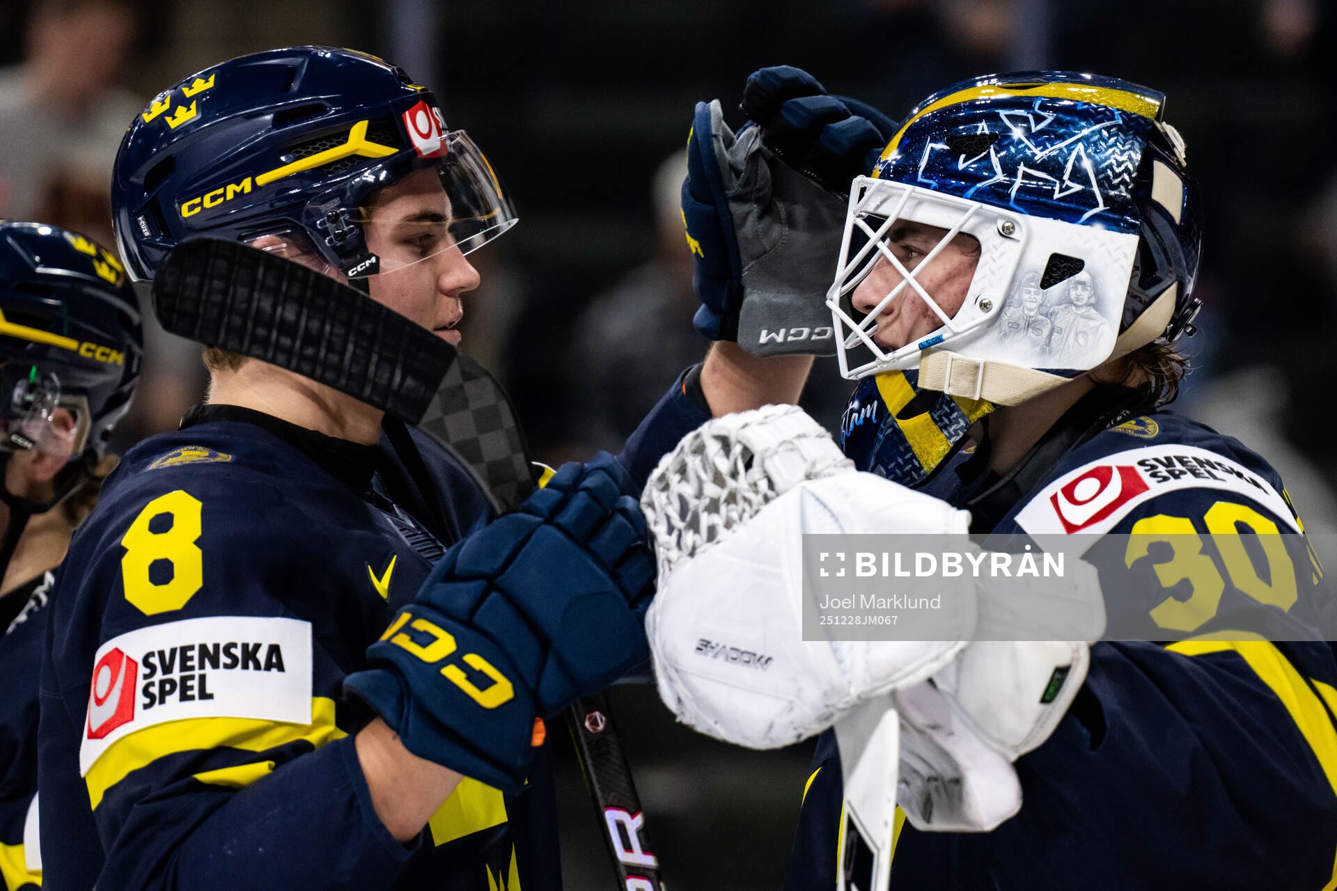 Felix Carell and goaltender Love Härenstam of Sweden
