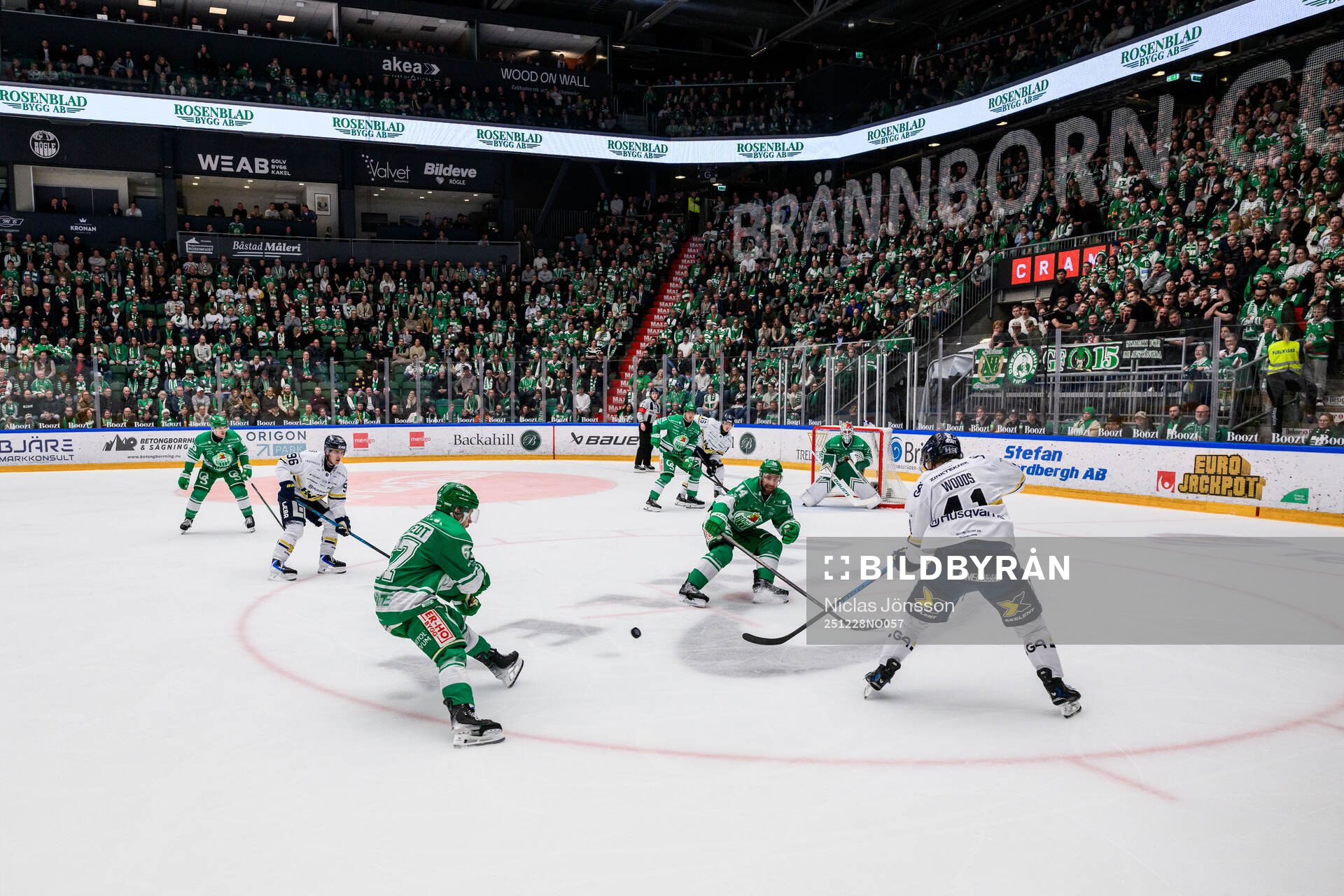 HV71s Nikola Pasic och Riley Woods mot Rögles Leon