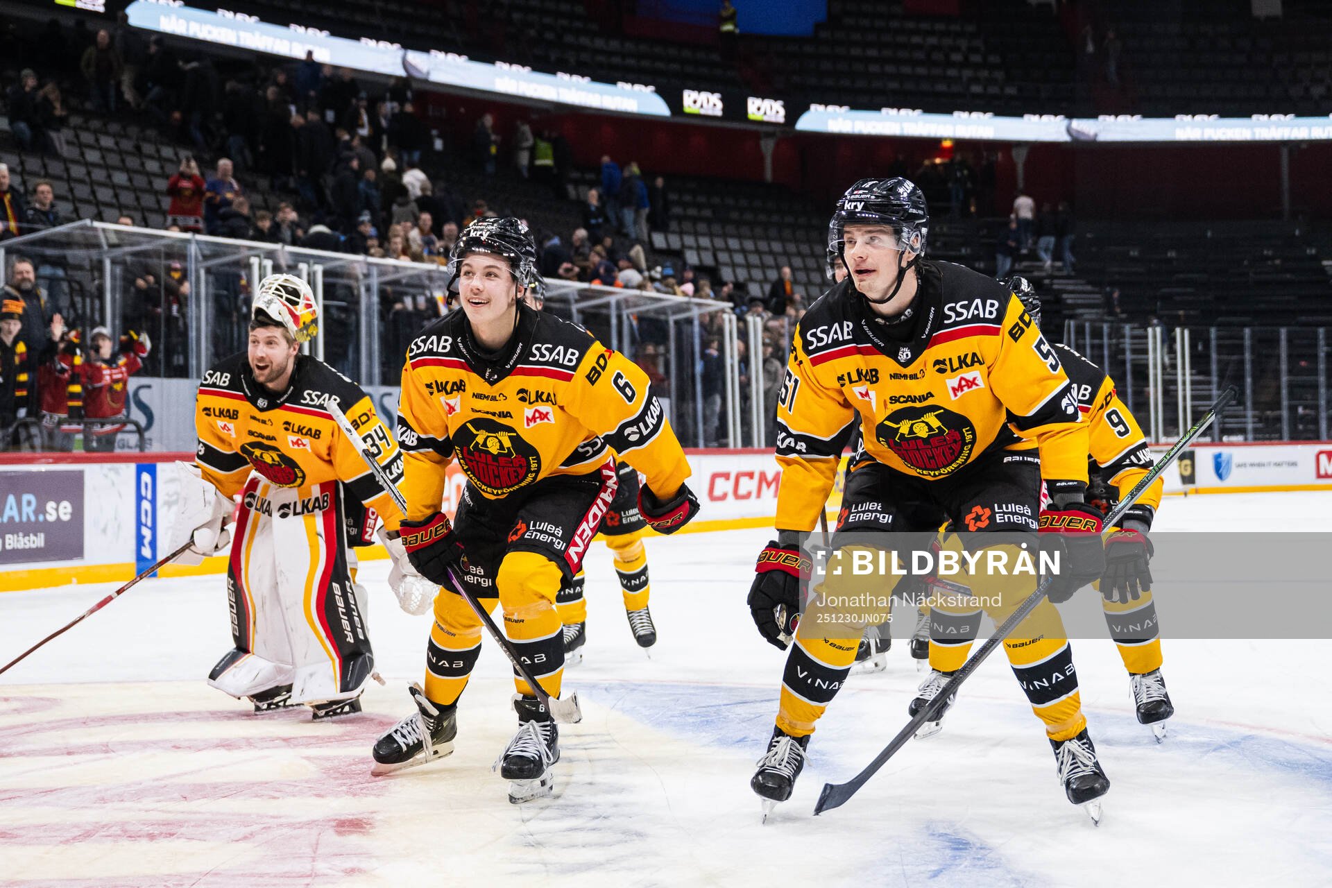 Luleås målvakt Joel Lassinantti, Isac Hedqvist och Markus